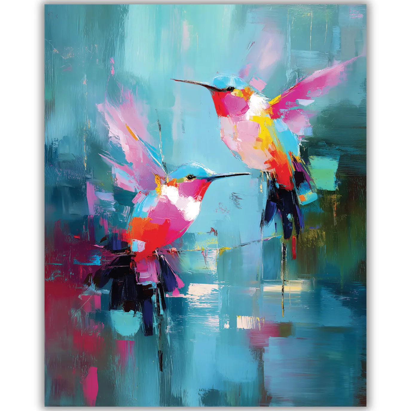 Abstract painting of a colorful birds on a textured background