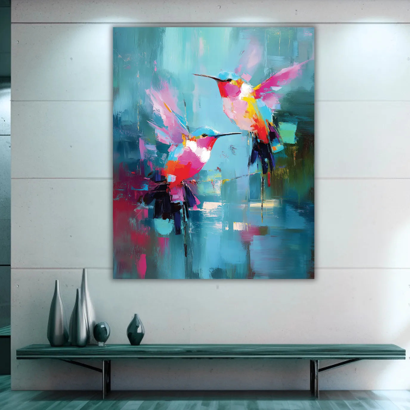 Colorful abstract painting of hummingbirds on a wall