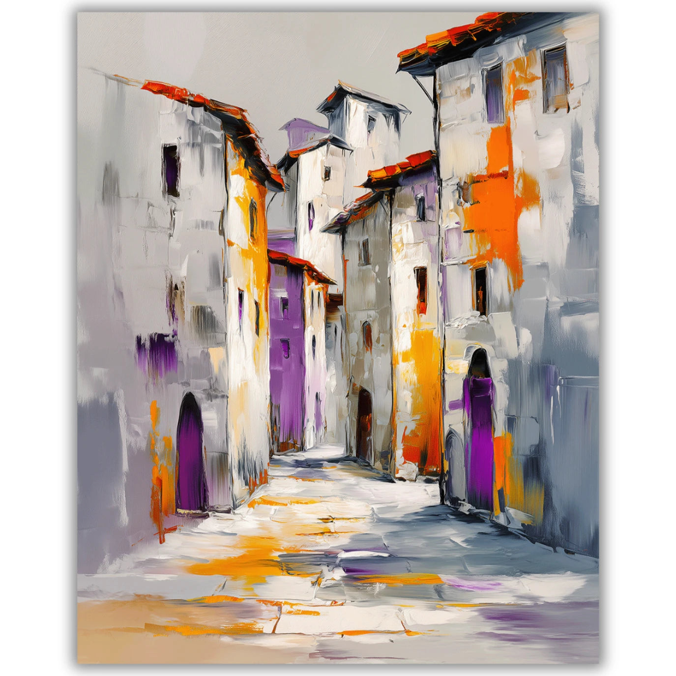 Abstract painting of a street scene with colorful buildings