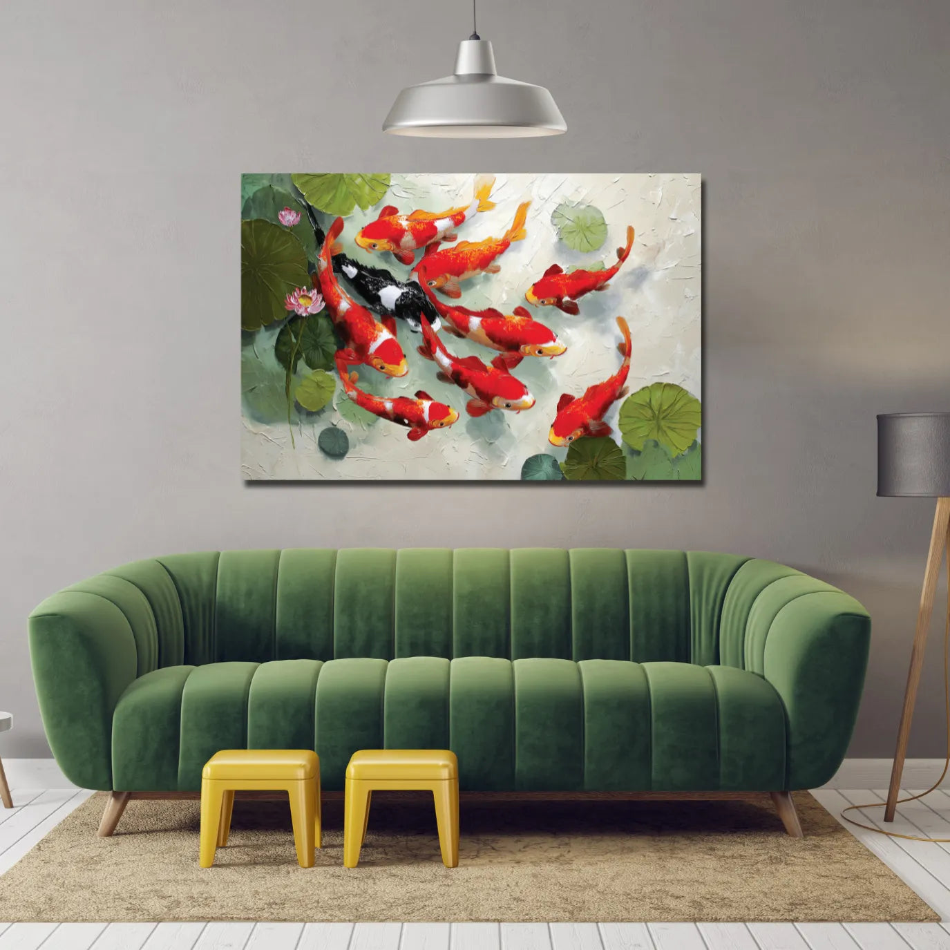 Green sofa in a room with a painting of koi fish on the wall.