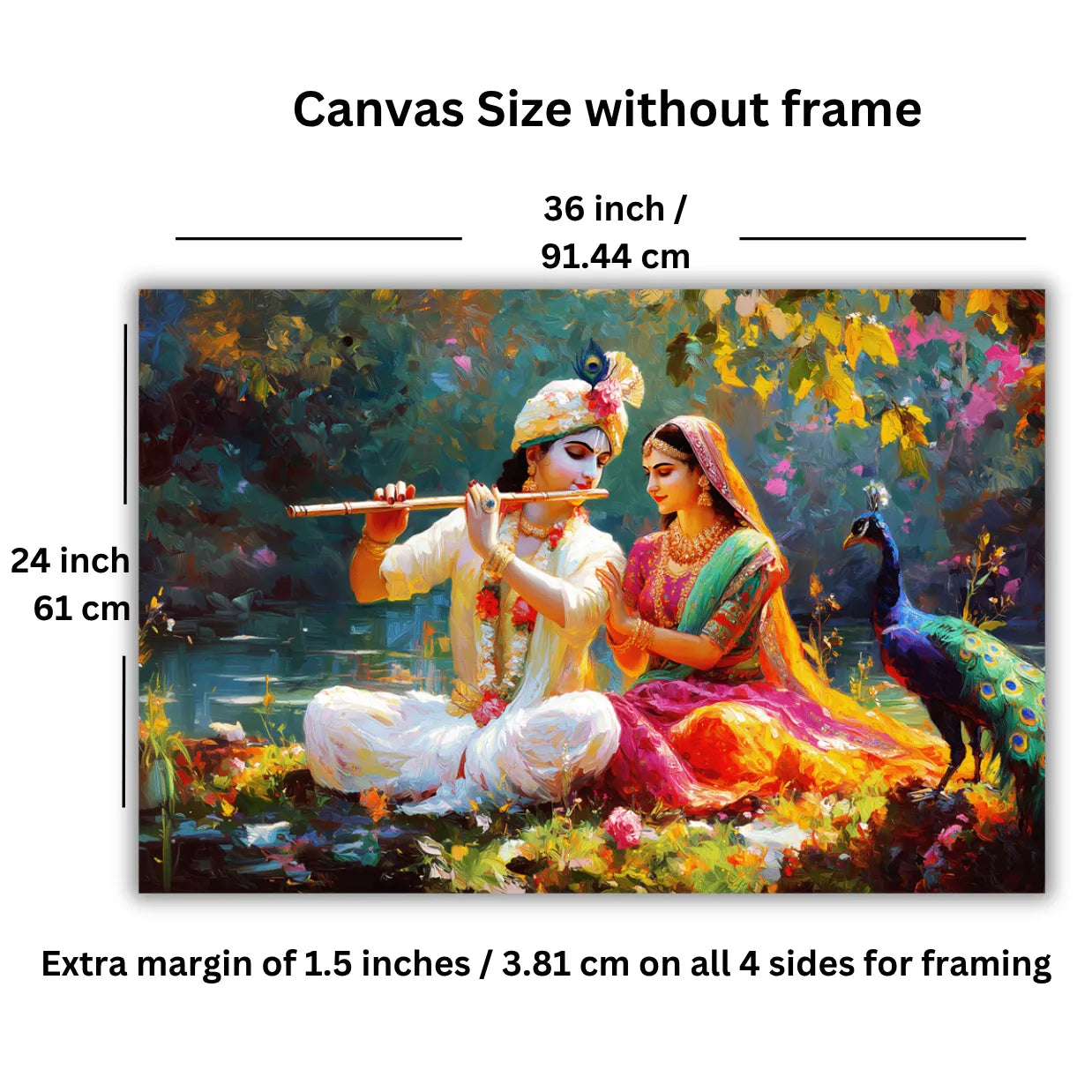 Painting of radha krishna with a peacock on a colorful background, with dimensions and framing information.