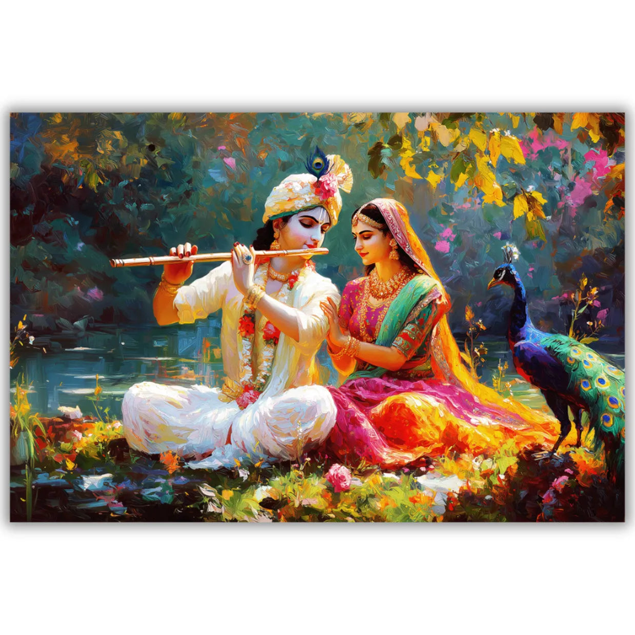 Painting of a couple in a garden with a peacock, surrounded by flowers and foliage.