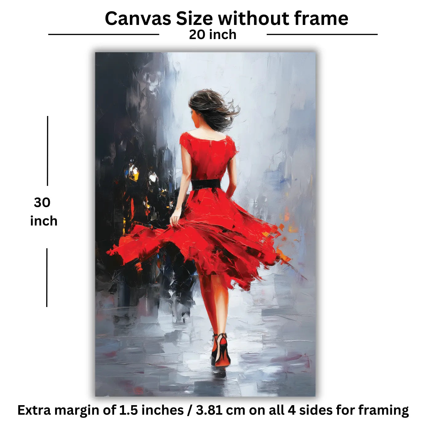 Canvas size without frame with dimensions and additional margin information of a woman painitng