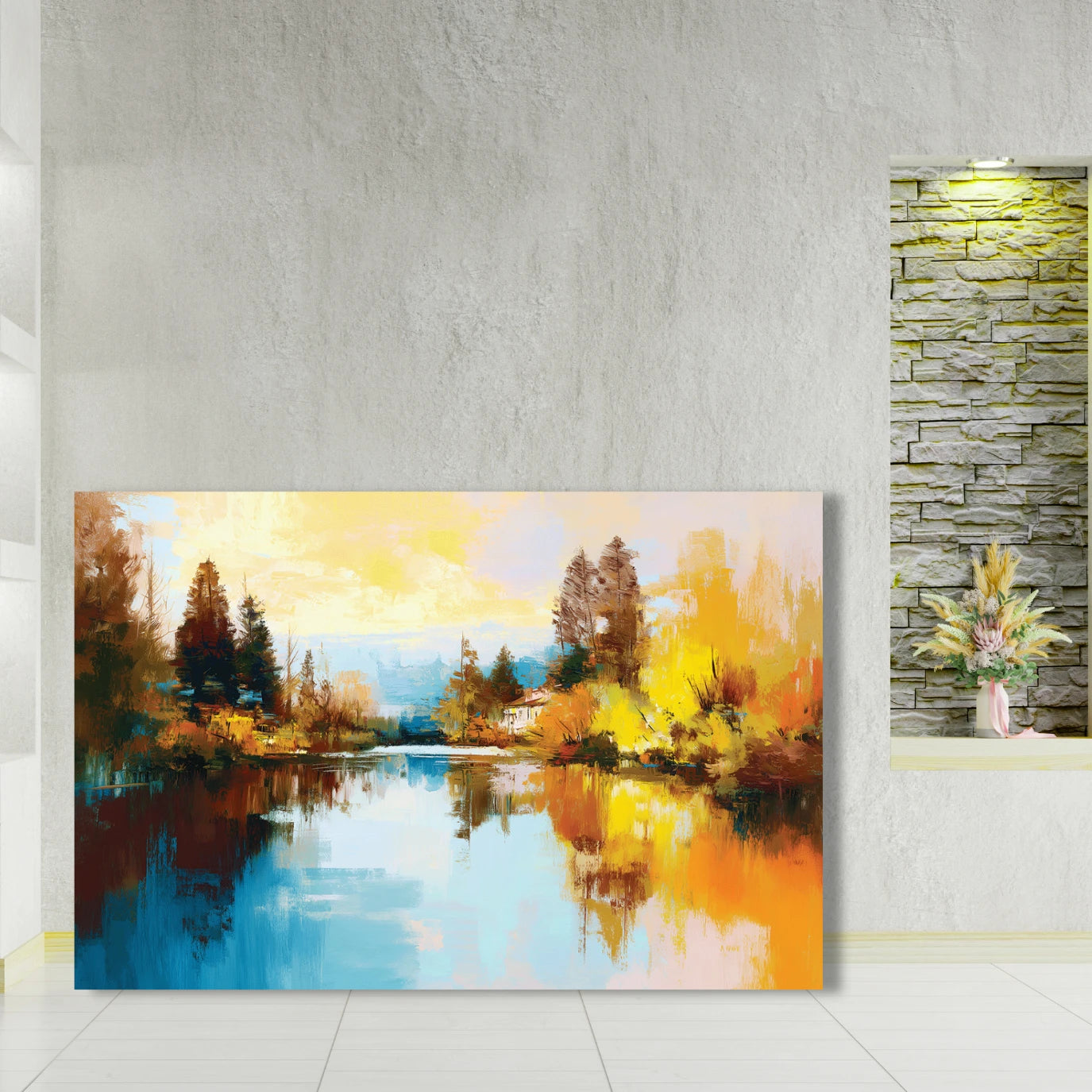 Painting of a landscape with trees and water on a wall.