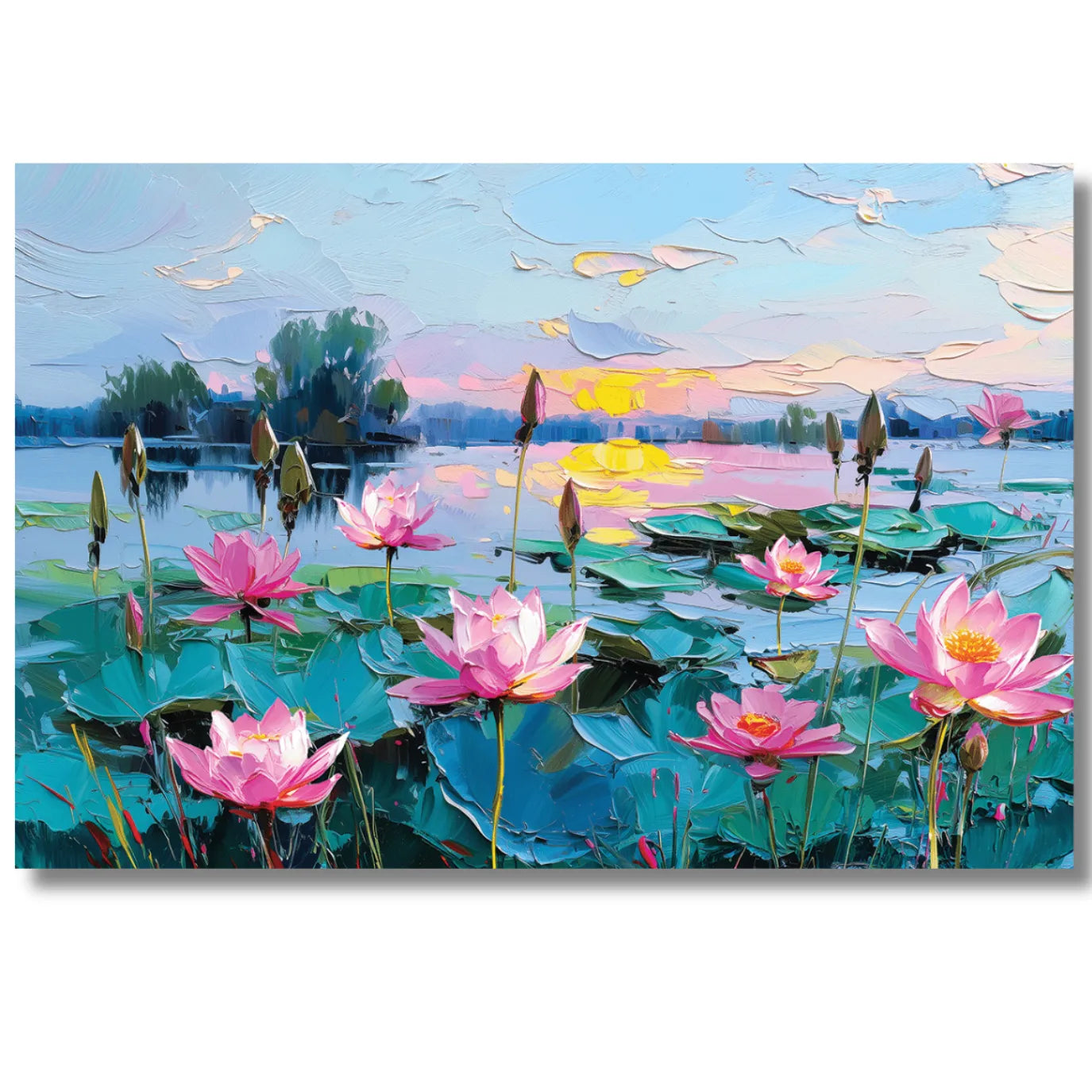 Painting of lotus flowers on a lake with a colorful sky.