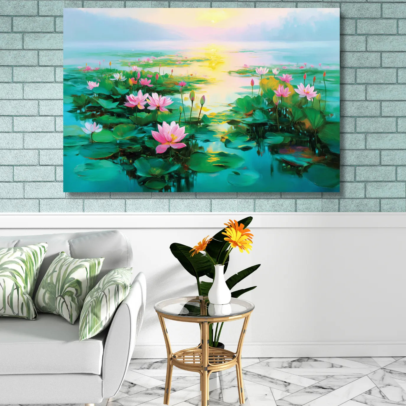 Painting of pink lotus flowers on a brick wall above a sofa with decorative pillows.