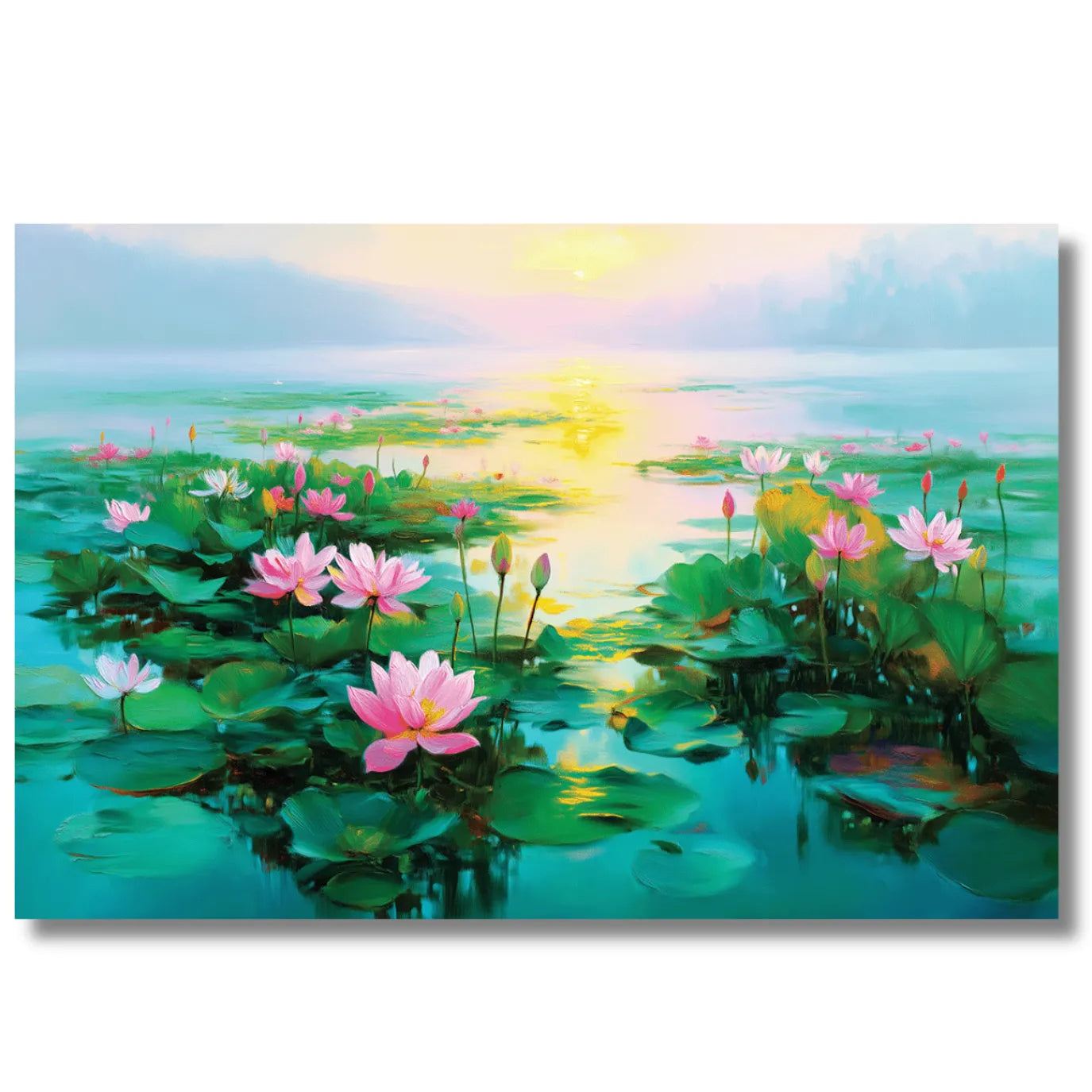 Painting of pink lotus flowers with a sunrise in the background