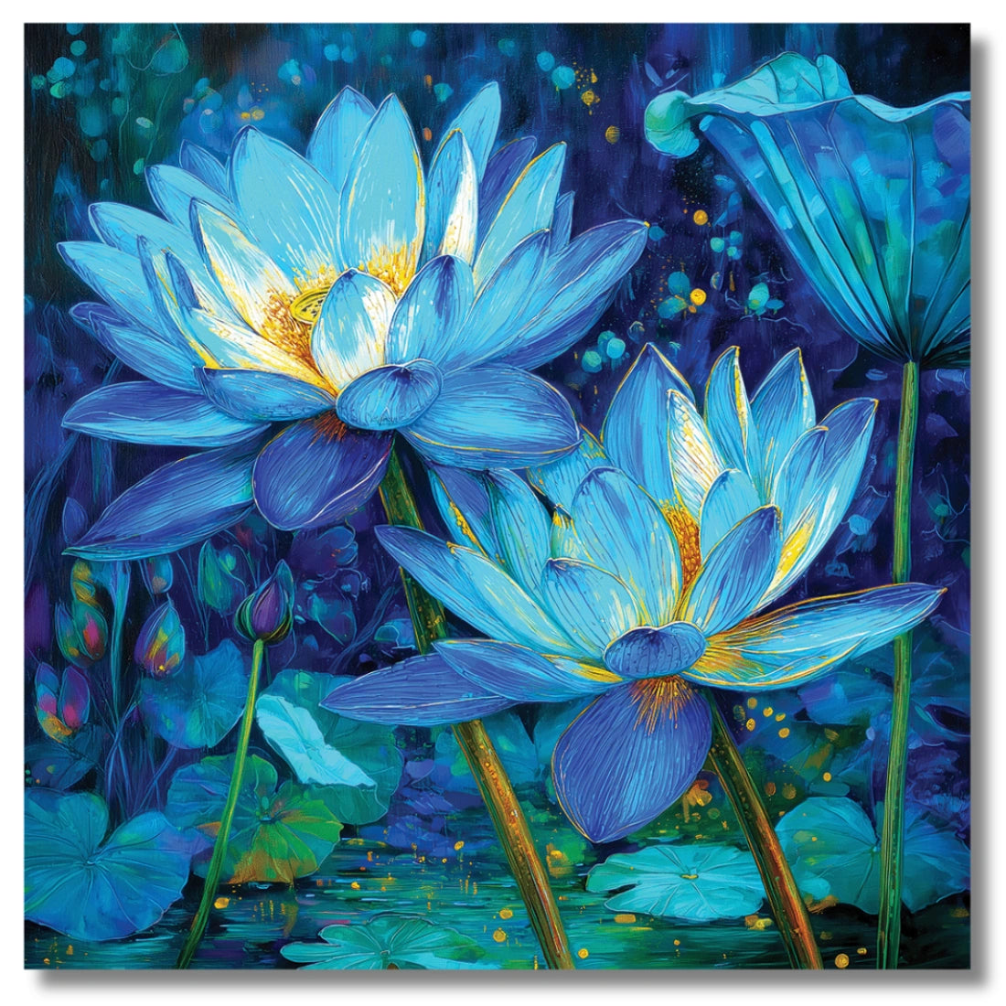 Artistic depiction of blue lotus flowers painting in a dark underwater setting