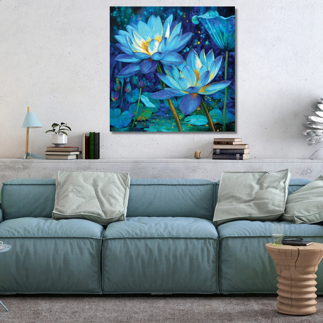 Living room with a blue sofa, decorative pillows, and a painting of blue lotus flowers on the wall.