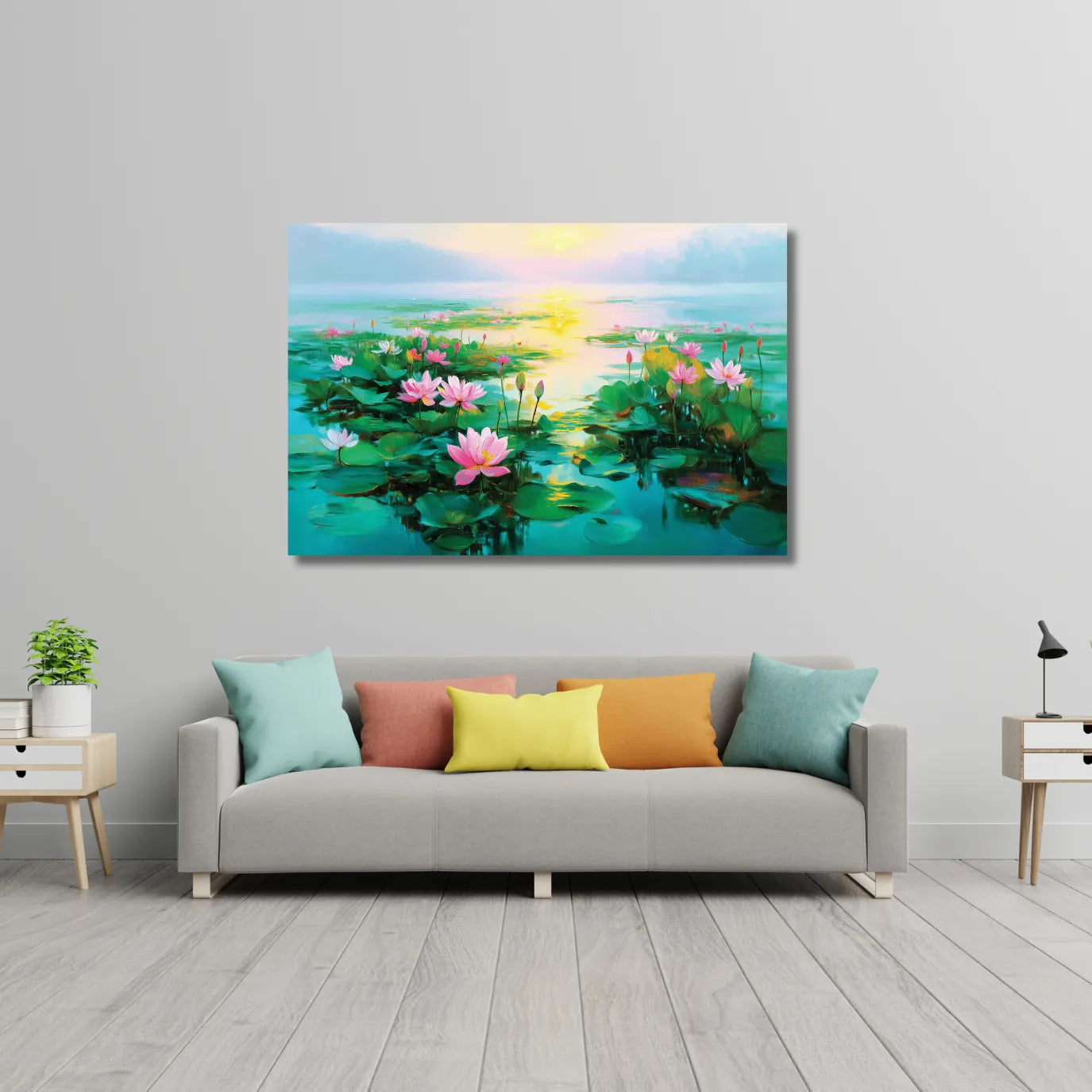 Living room with a sofa and colorful pillows, featuring a large painting of lotus flowers for wall
