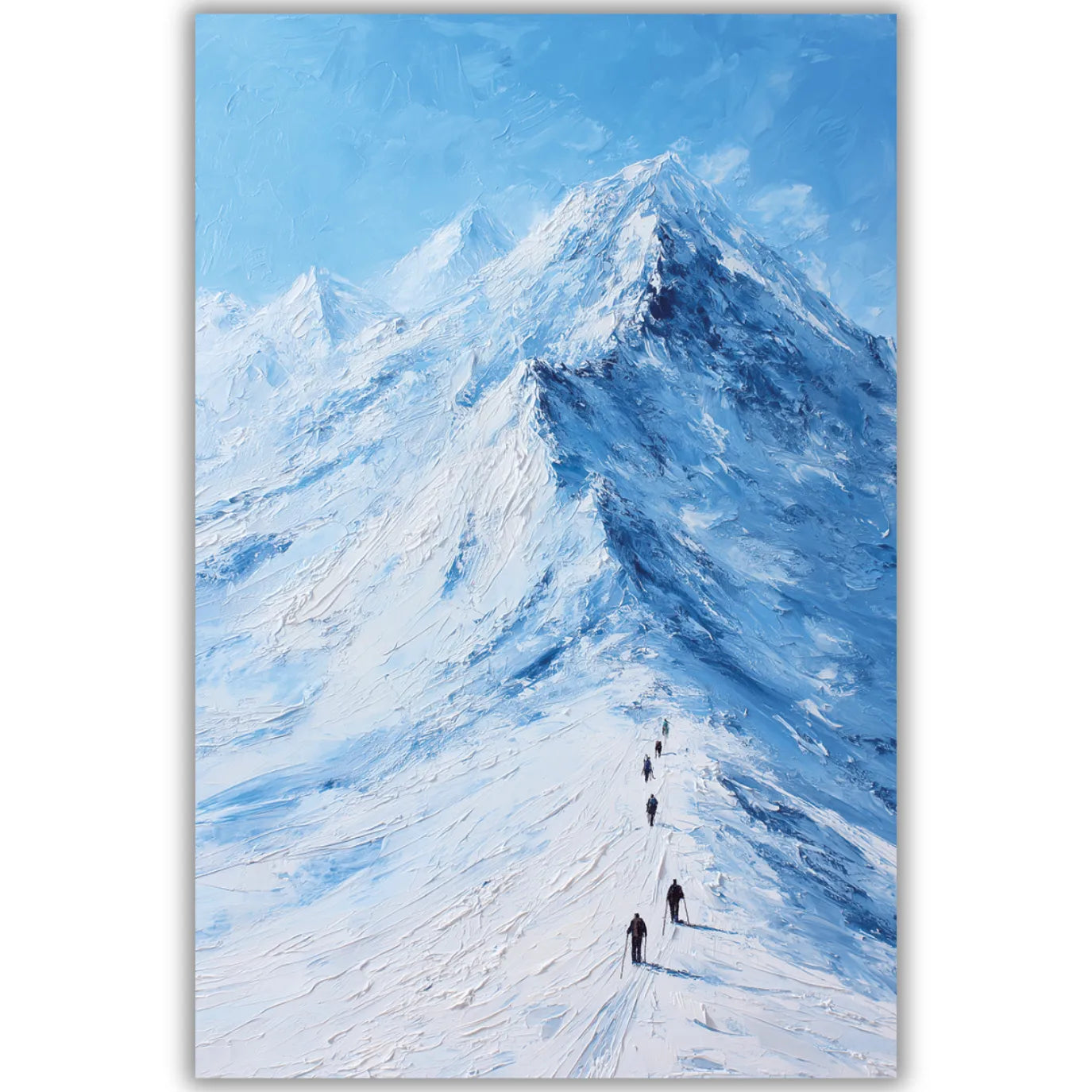 A canvas painitng of people walking on a snowy mountain path with a large snow-covered peak in the background.