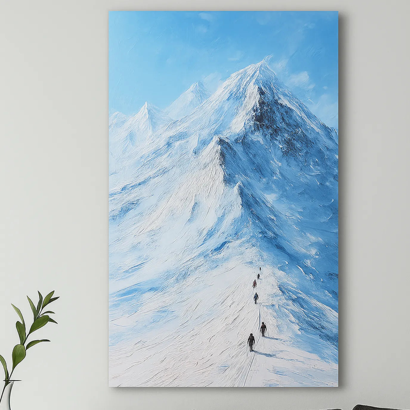 Canvas painting of a mountain landscape with skiers on a snowy peak