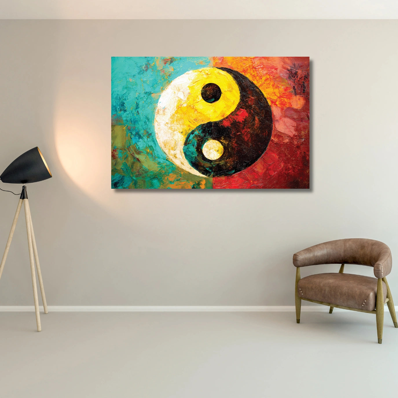 Colorful abstract painting of a yin yang symbol on a wall with a chair and lamp in the room.
