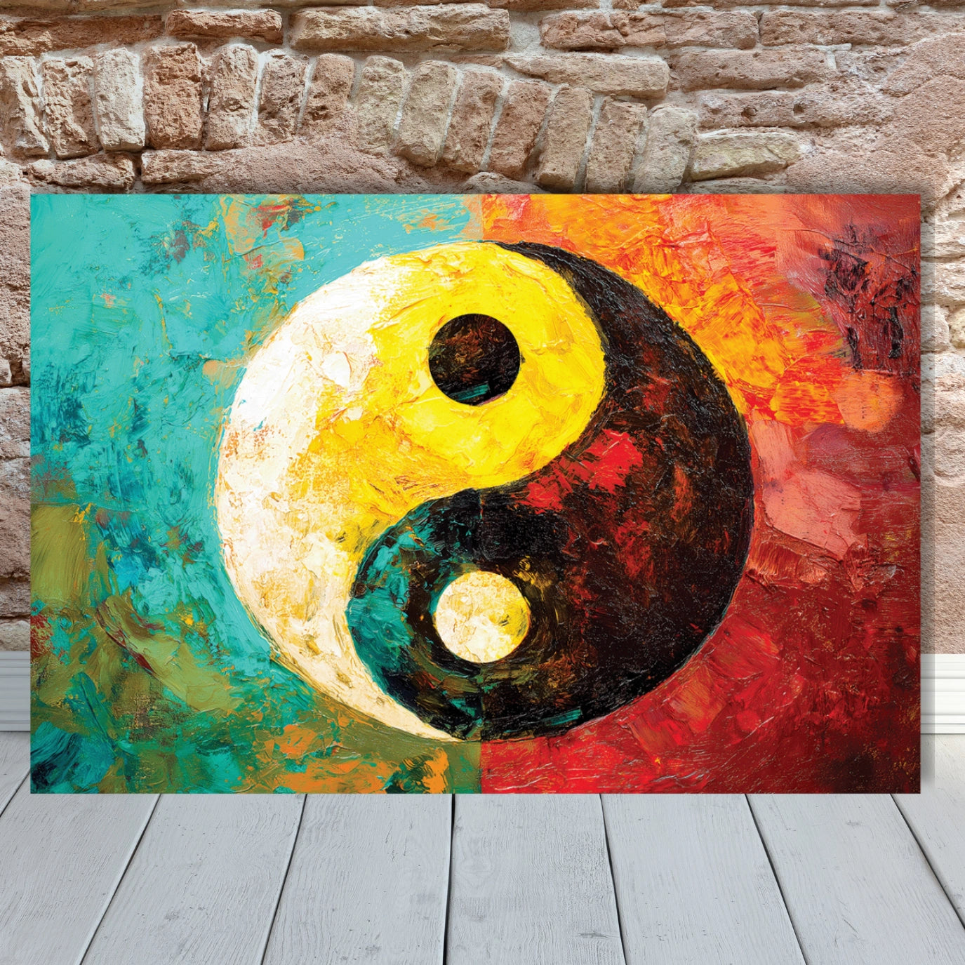 Colorful abstract painting of a yin yang symbol on a stone wall background