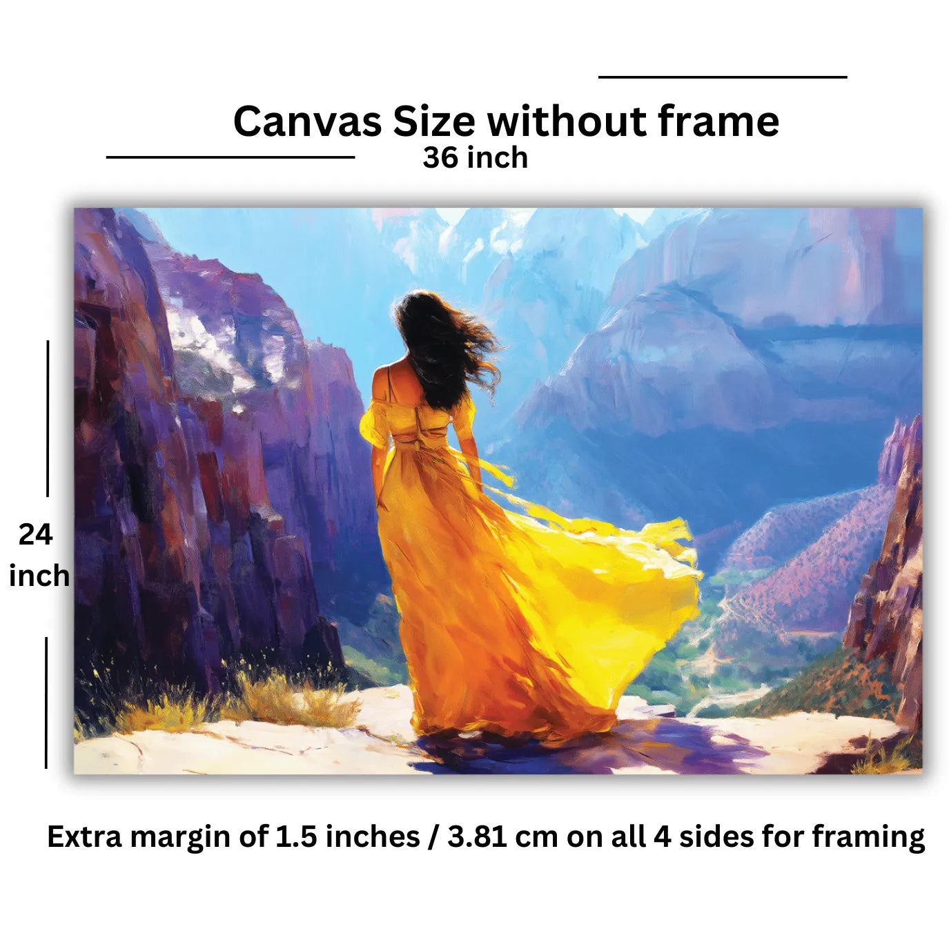 Canvas size without frame with dimensions and margin information of a woman painting for a living room