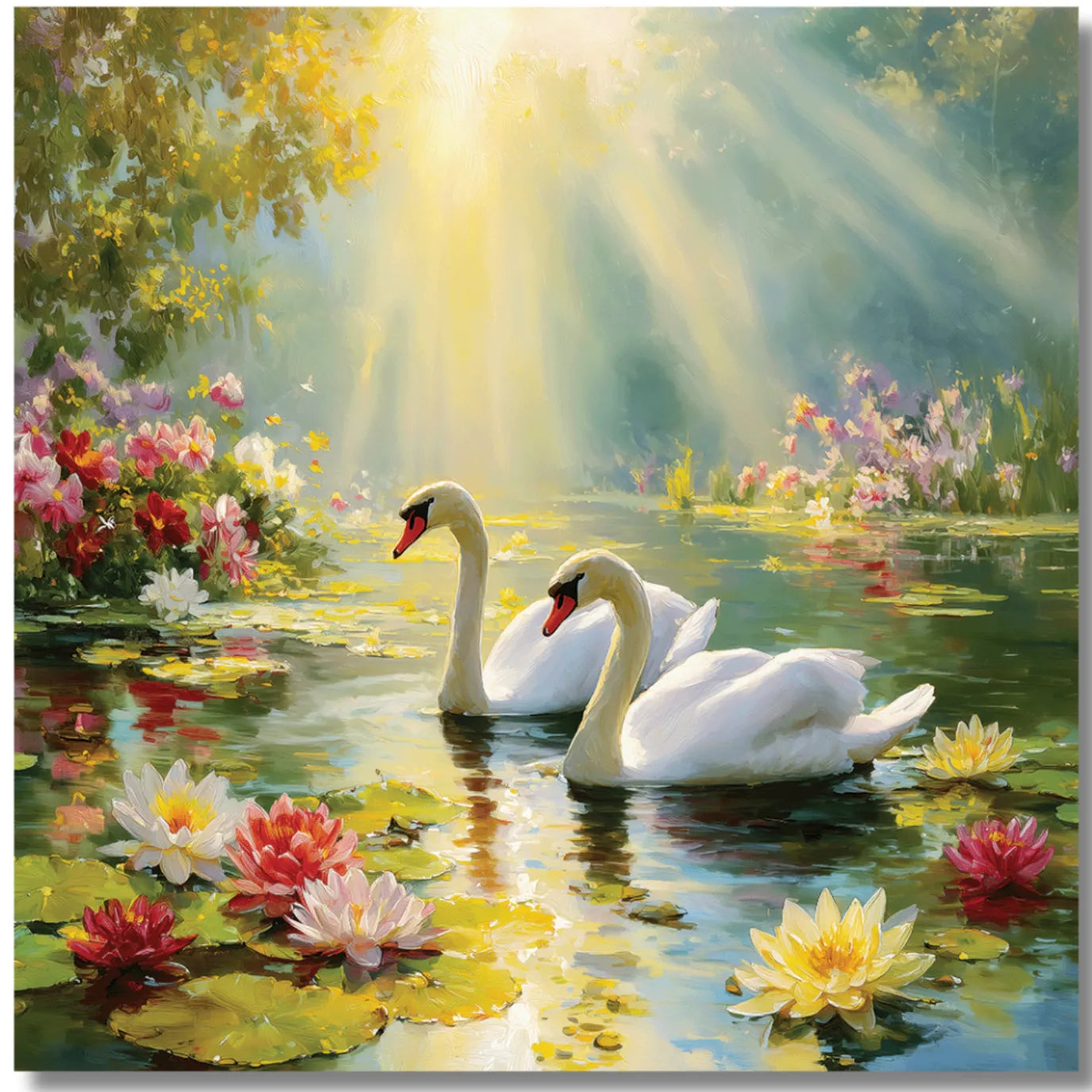 Two swan painting on a pond with flowers and sunlight