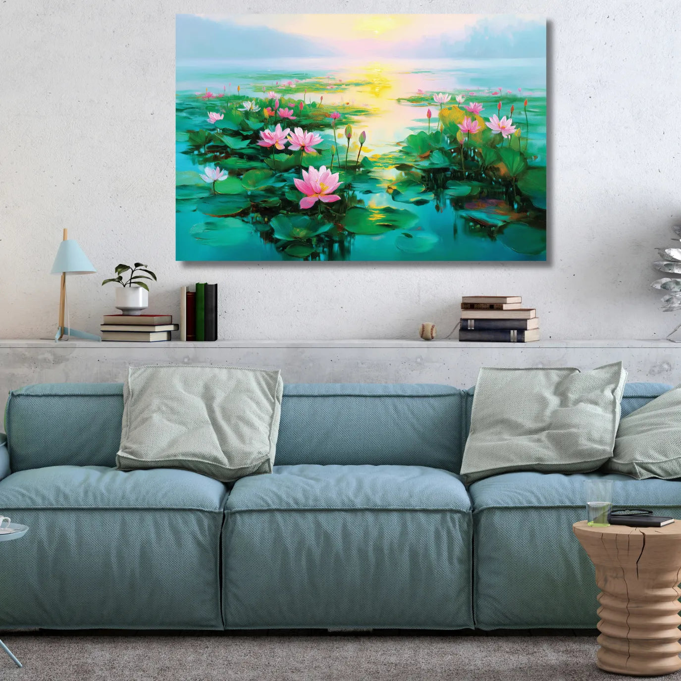 Sofa with decorative pillows in a living room setting, featuring a large painting of lotus flowers on the wall.
