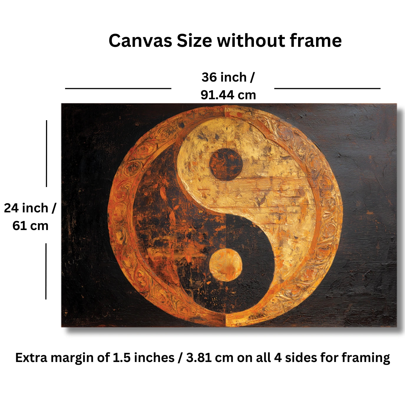 Yin and yang painting on a wooden background with dimensions and margin information.