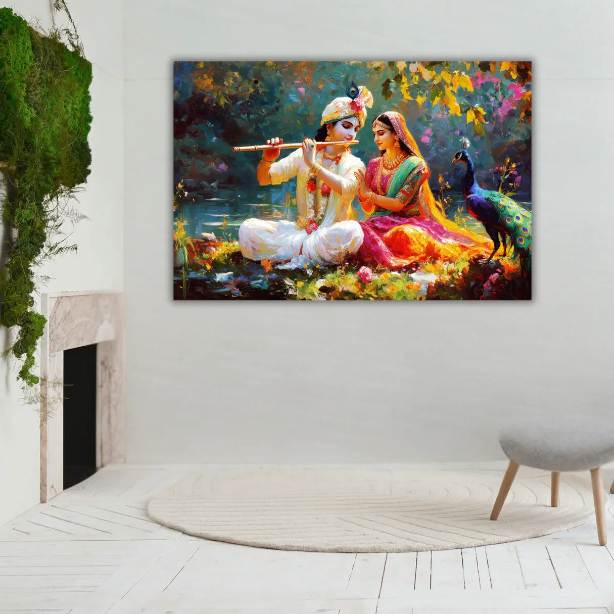 Colorful painting of Krishna and Radha in a garden setting on a white wall.