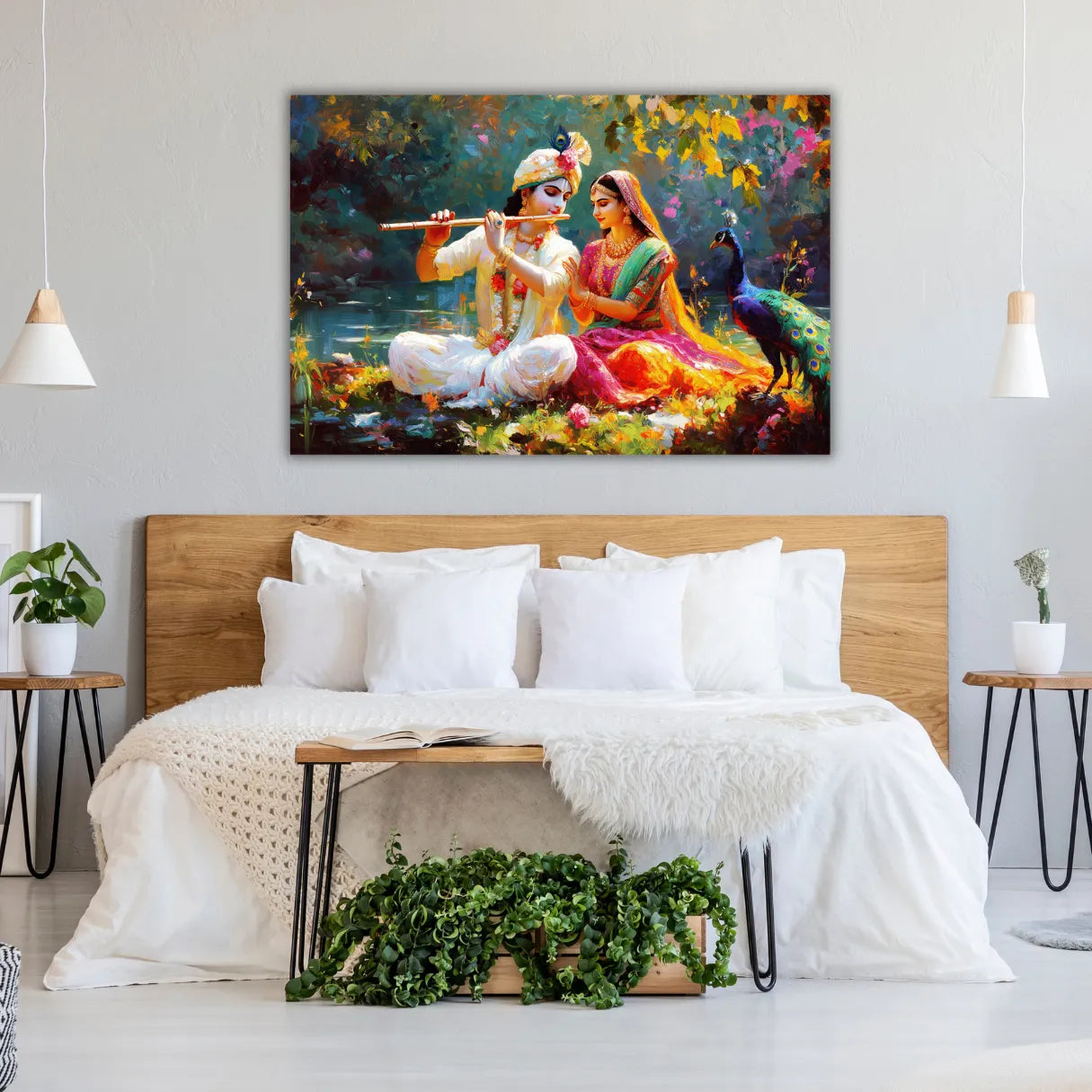Colorful painting of Radha Krishna on a wall above a bed in a bedroom.