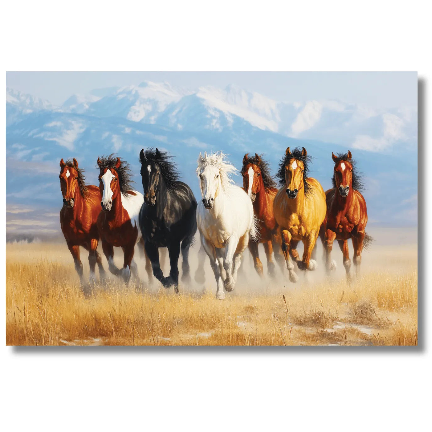 Painting of seven horses running in a field with a blue sky.