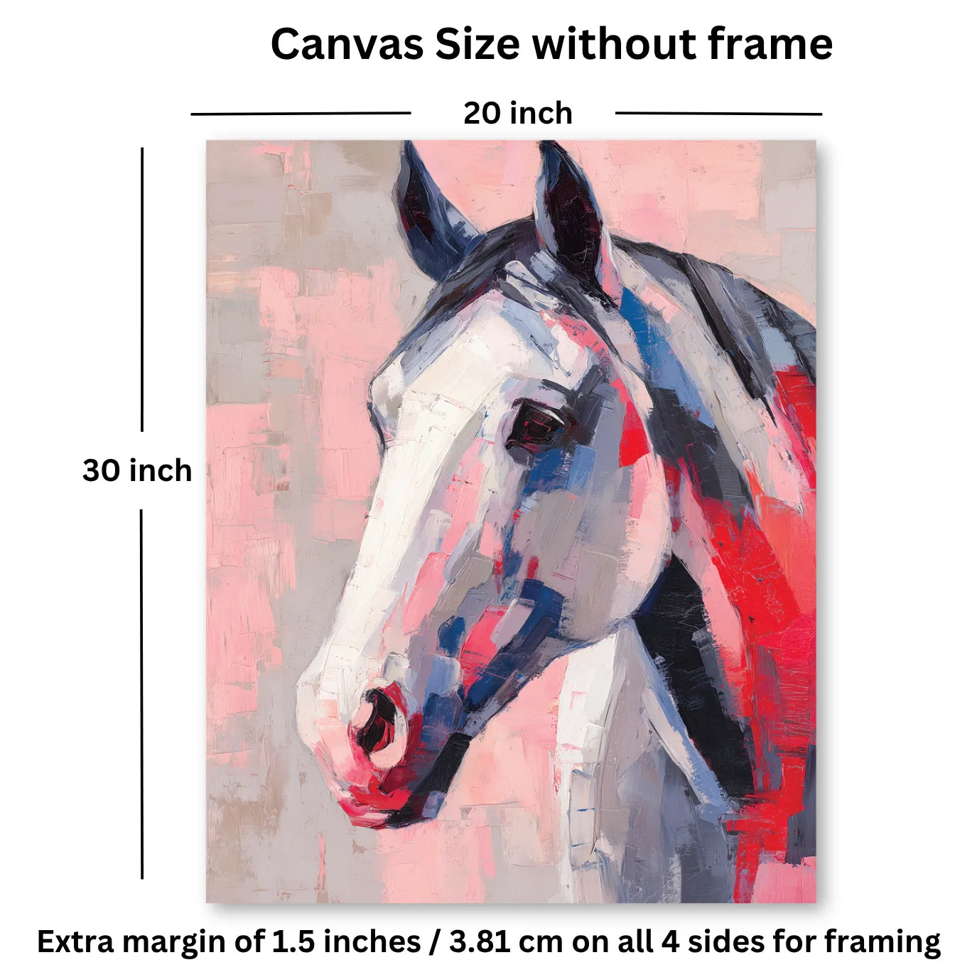 Painting of a horse head with dimensions labeled on a white background