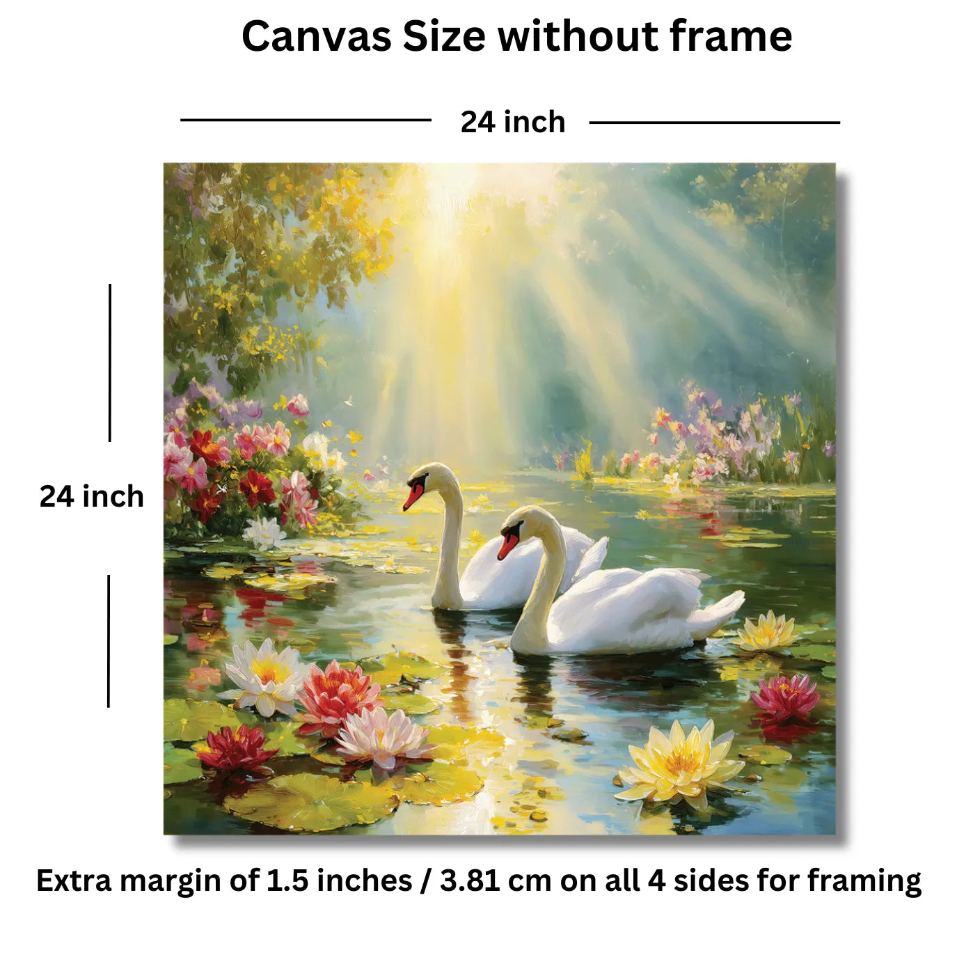 Painting of swan on water with flowers and sunlight, dimensions labeled.