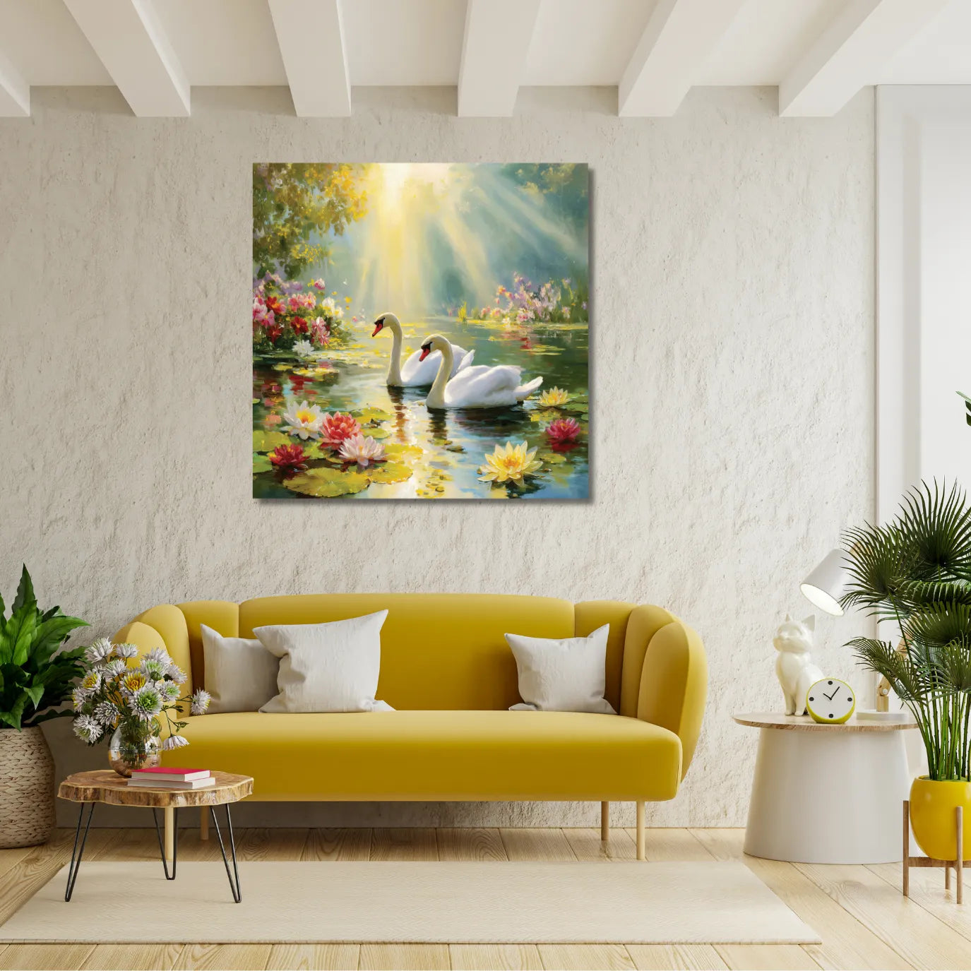 Living room with a yellow sofa, decorative table, and wall art of swans on water.