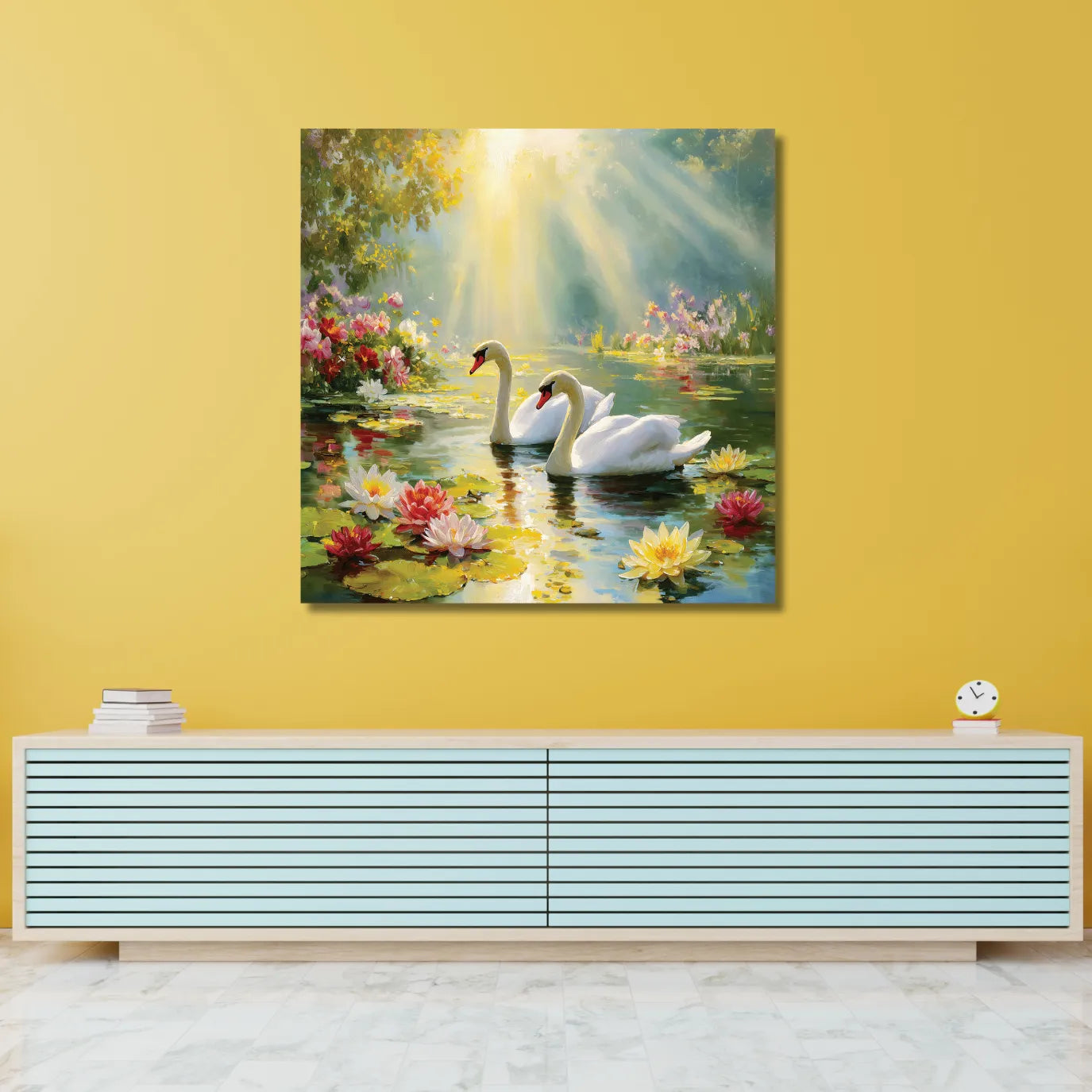 Painting of swans on a pond with flowers and sunlight on a yellow wall above a light blue cabinet.