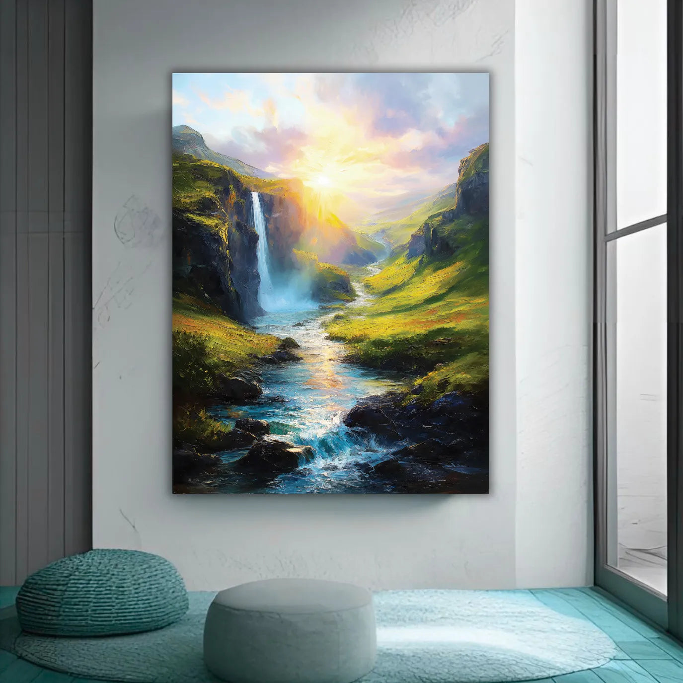 Painting of a scenic landscape with a waterfall on a wall in a modern room.