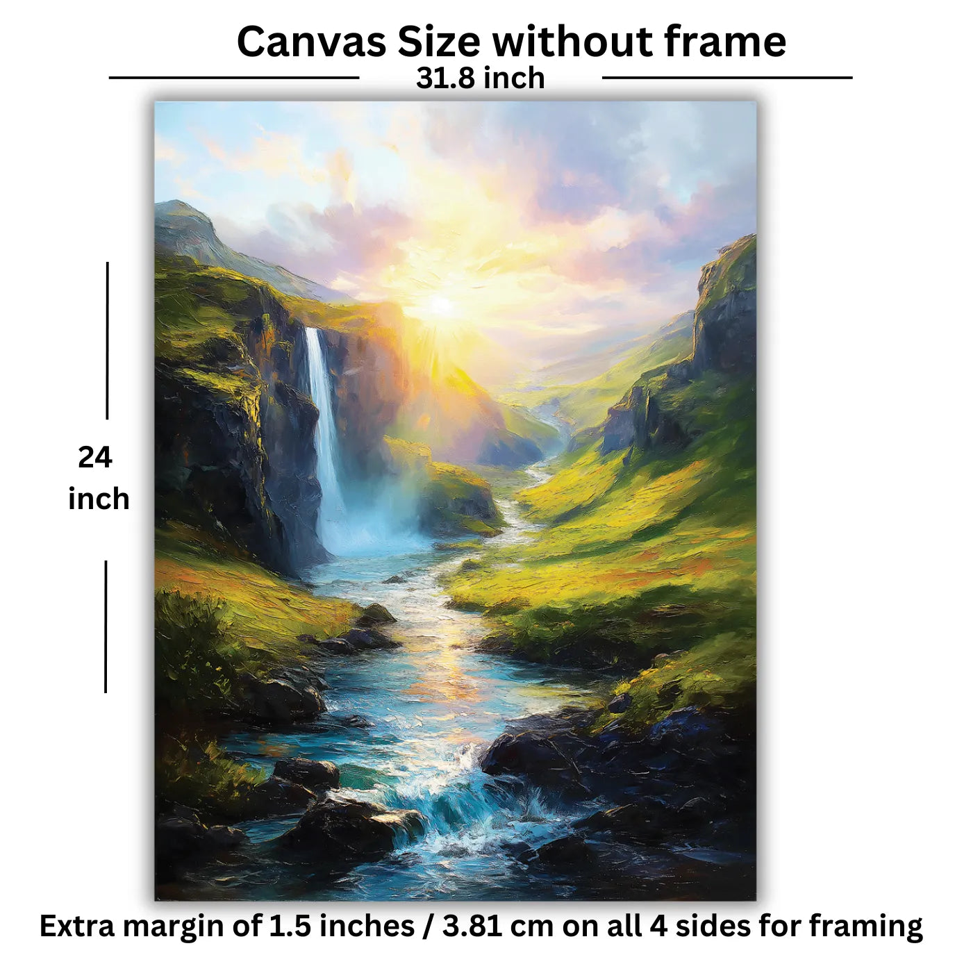 Canvas size without frame with dimensions and extra margin of a waterfall painting