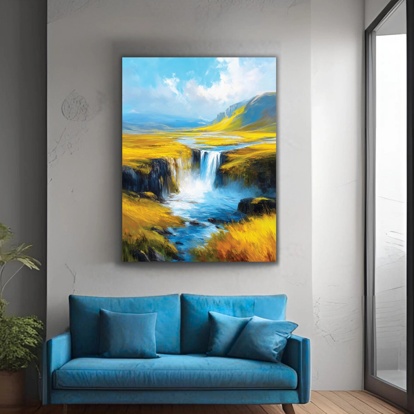 Painting of a scenic landscape with a waterfall on a wall