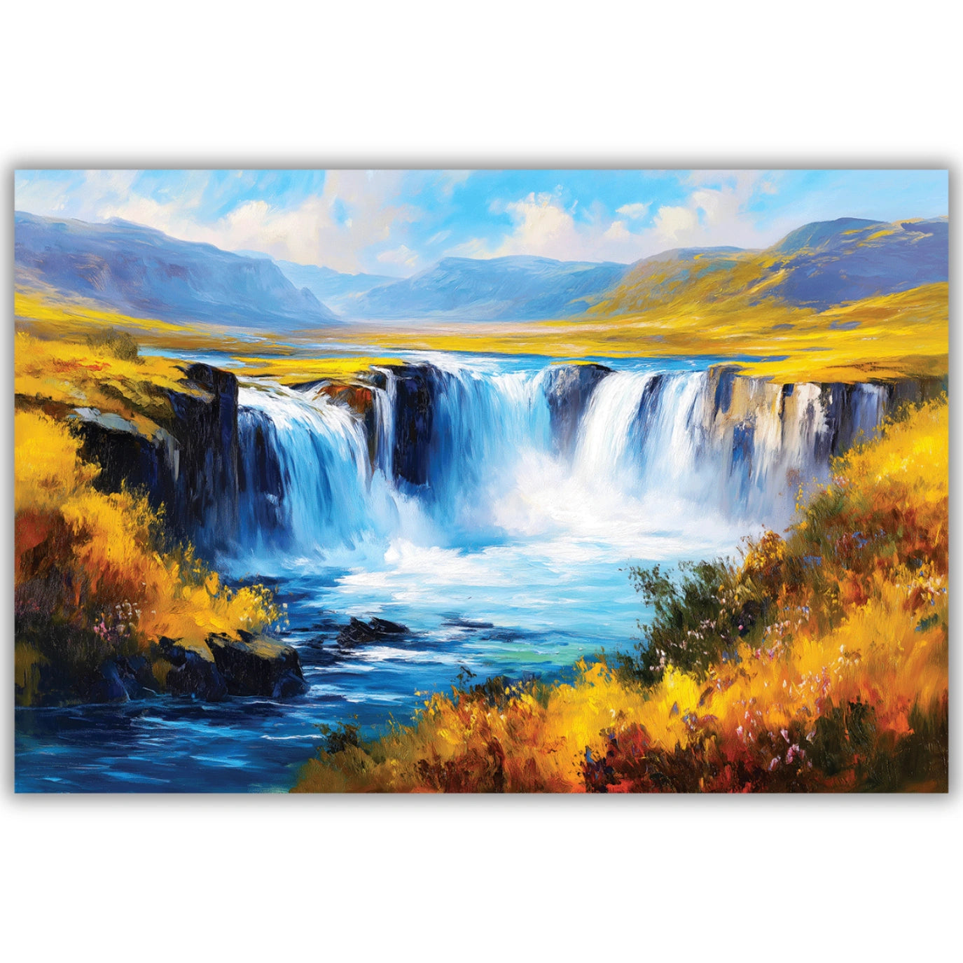 Painting of a waterfall surrounded by yellow foliage and mountains.