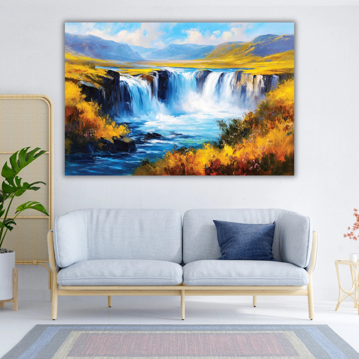 Painting of a waterfall with autumn foliage