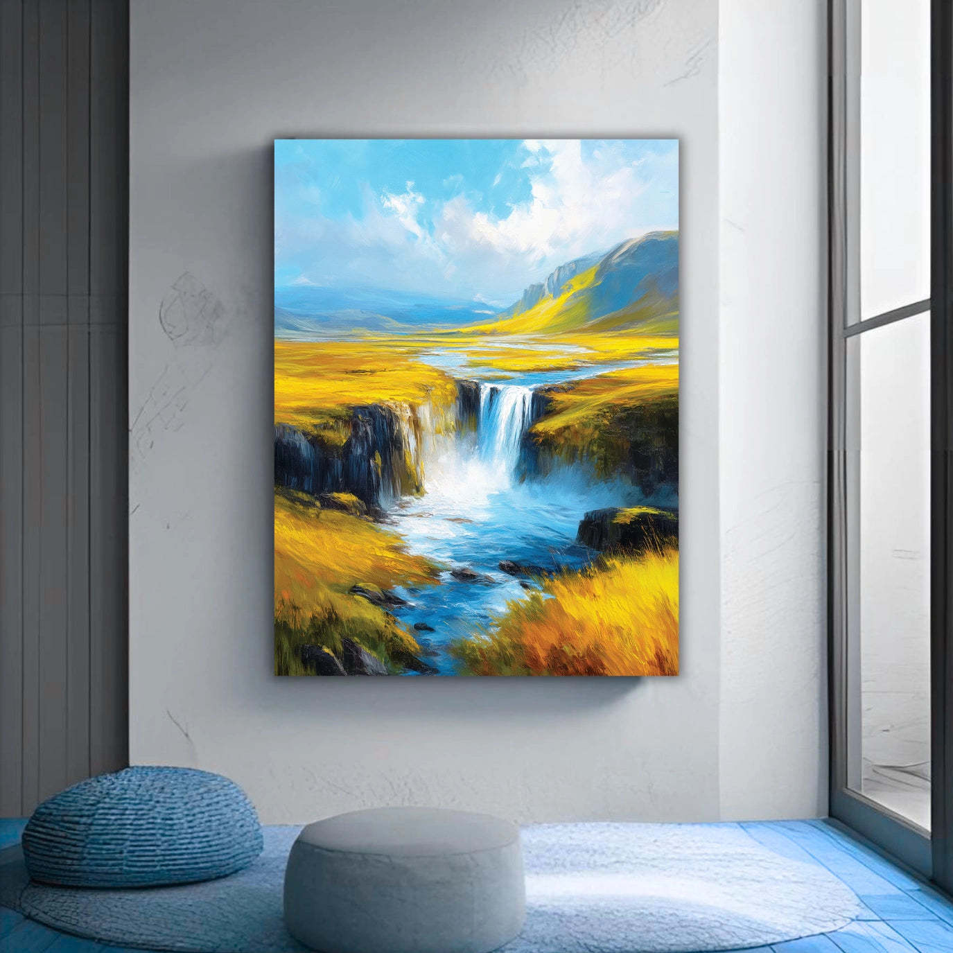 Painting of a mountain landscape with a waterfall in a modern room.