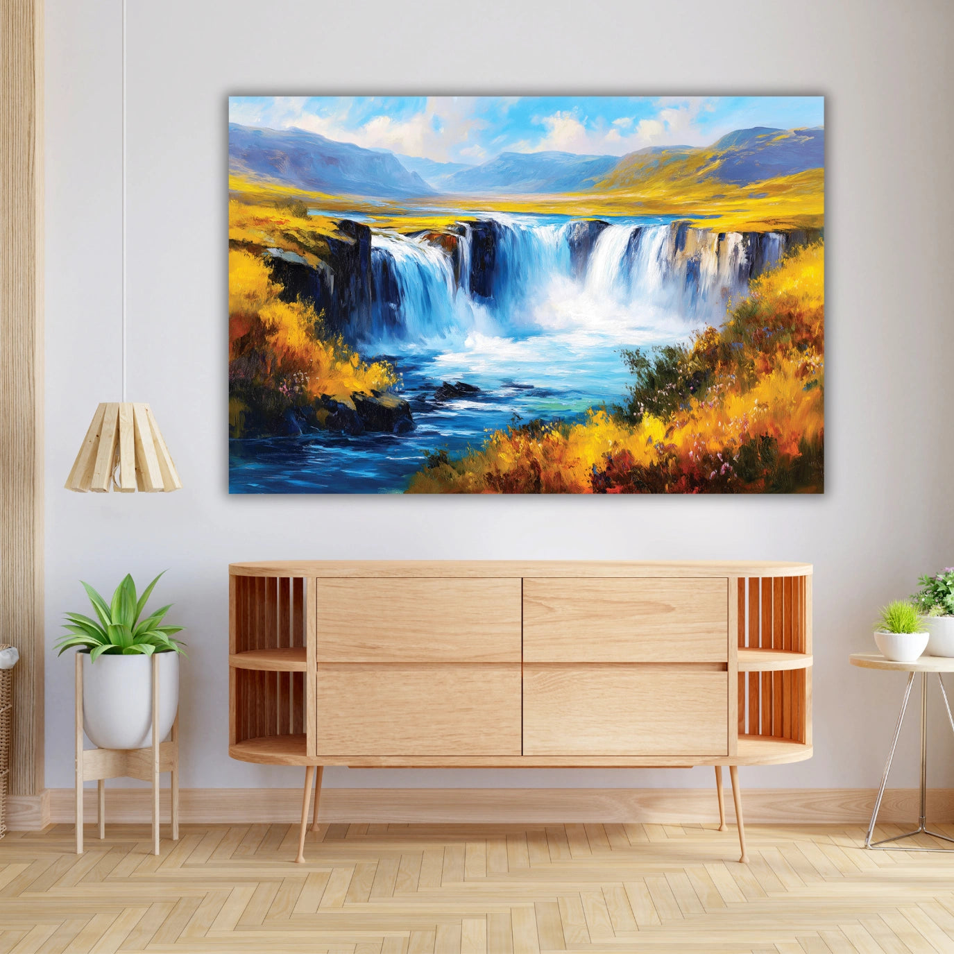 Landscape painting of a waterfall with autumn
