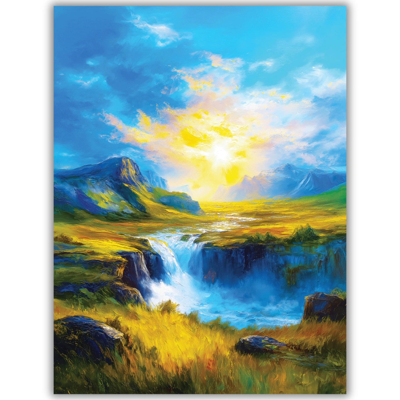 Painting of a mountain landscape with a waterfall and bright sky.