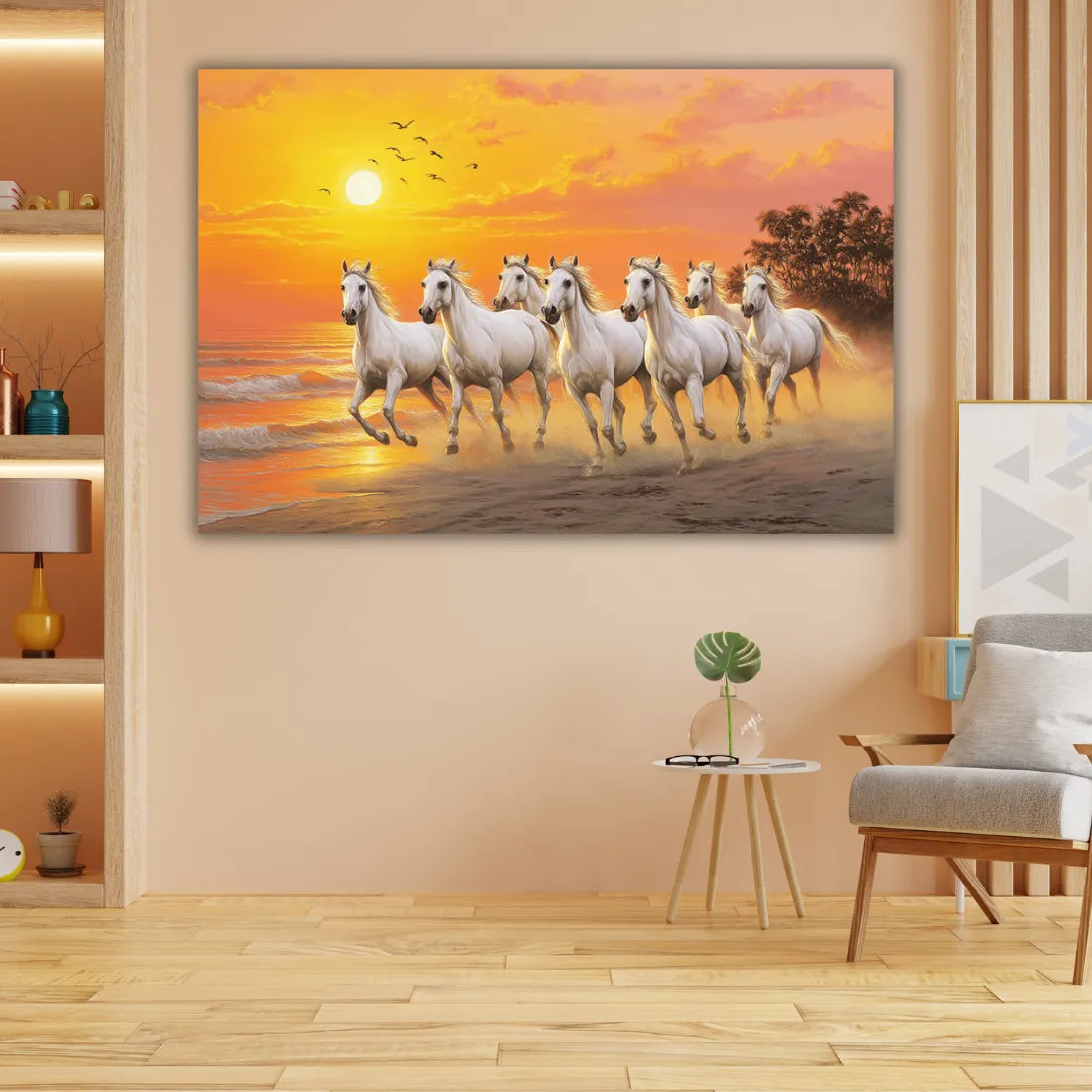 Painting of horses running on a beach in a living room setting.