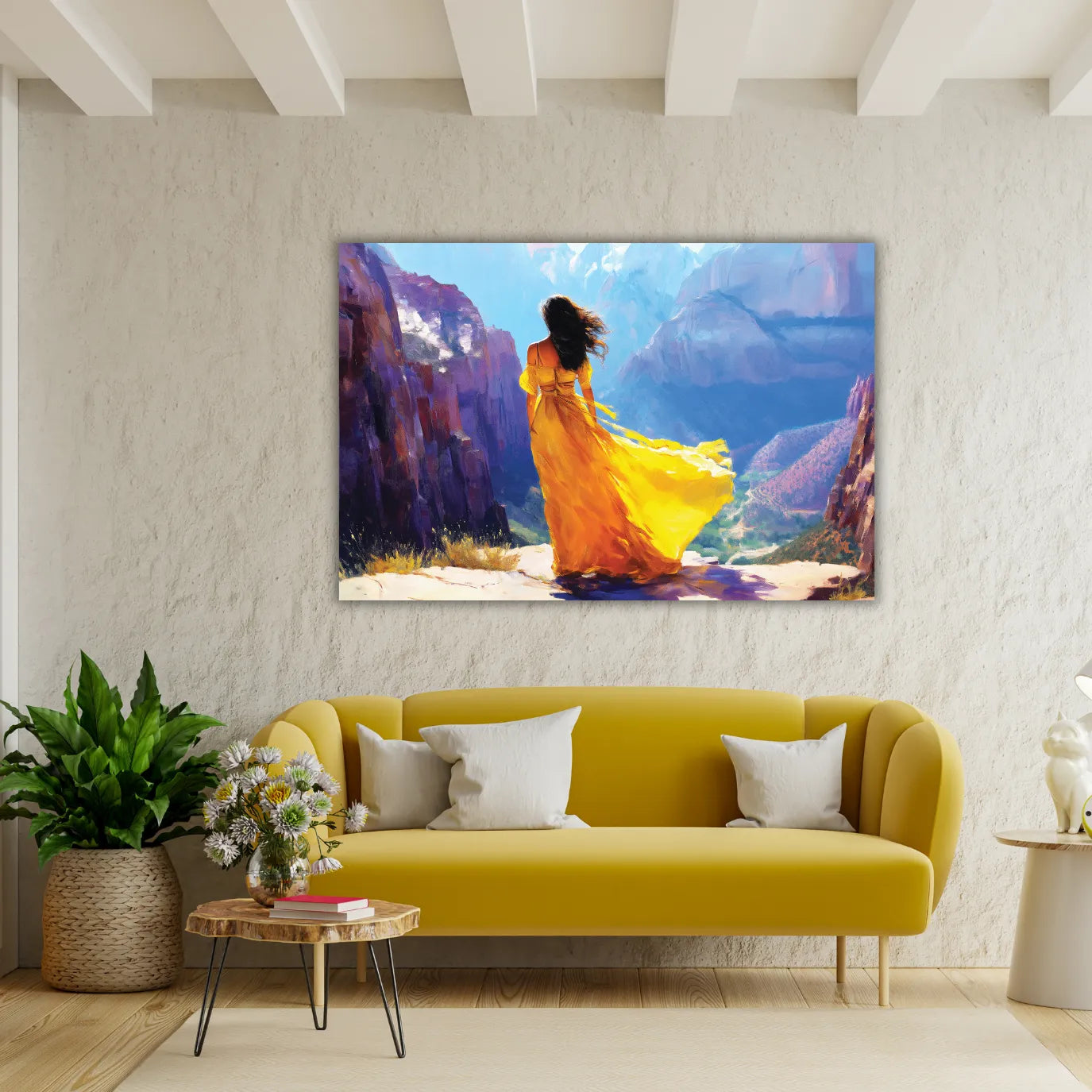 Living room with a yellow sofa, decorative pillows, and a large painting of a woman in a yellow dress against a mountainous landscape.