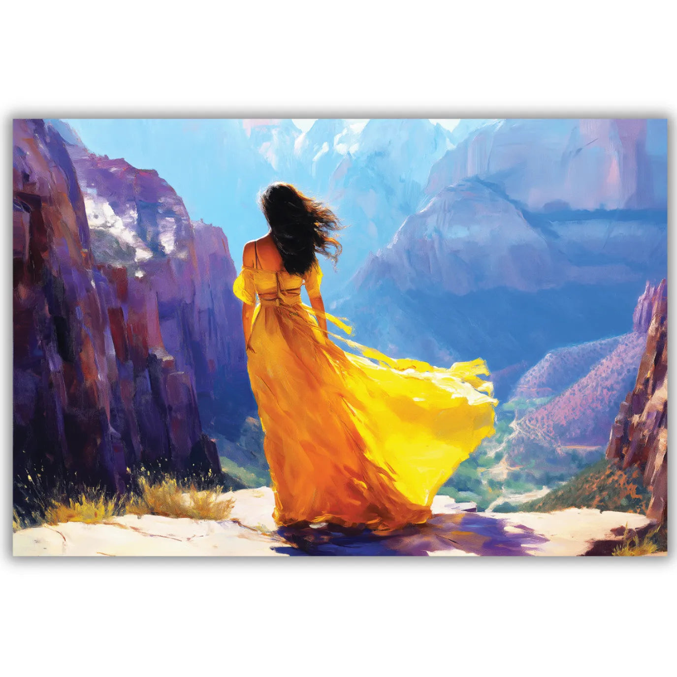 A Woman wall art painting in a yellow dress standing in a mountainous landscape