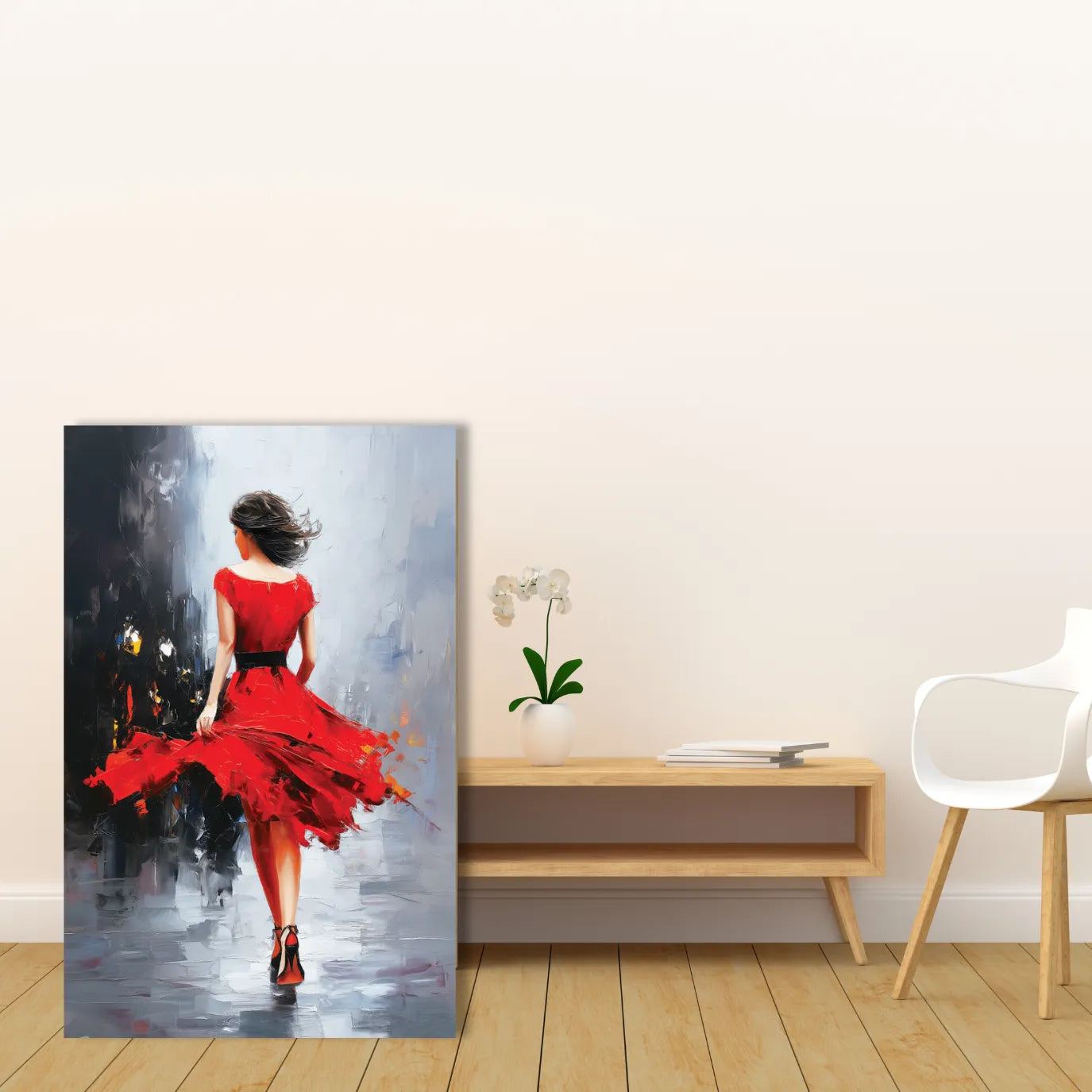 Painting of a woman in a red dress on a wall in a room with a table and chair.