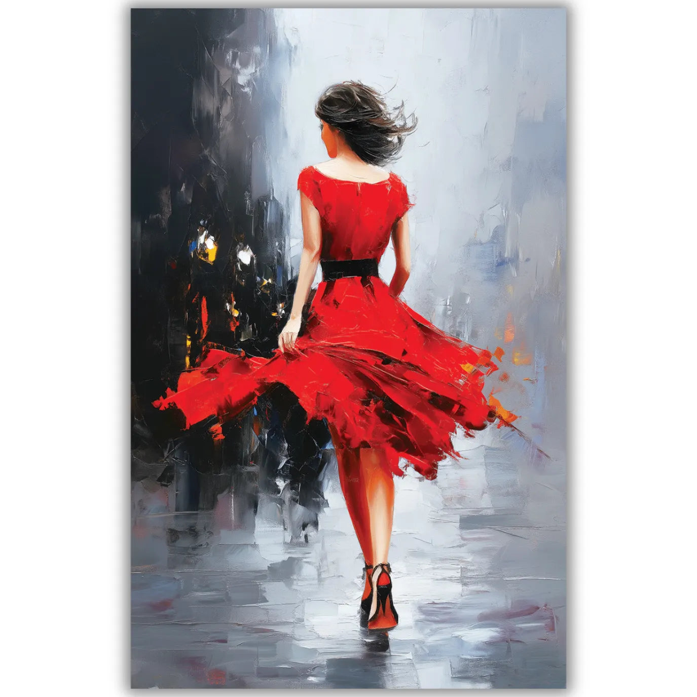 Painting of a woman in a red dress walking on a city street.