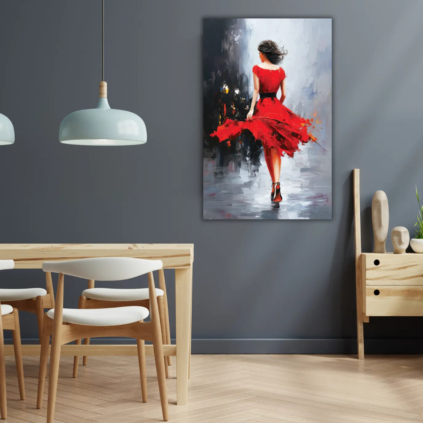 Dining room with a table and chairs, and a painting of a woman in a red dress on the wall.