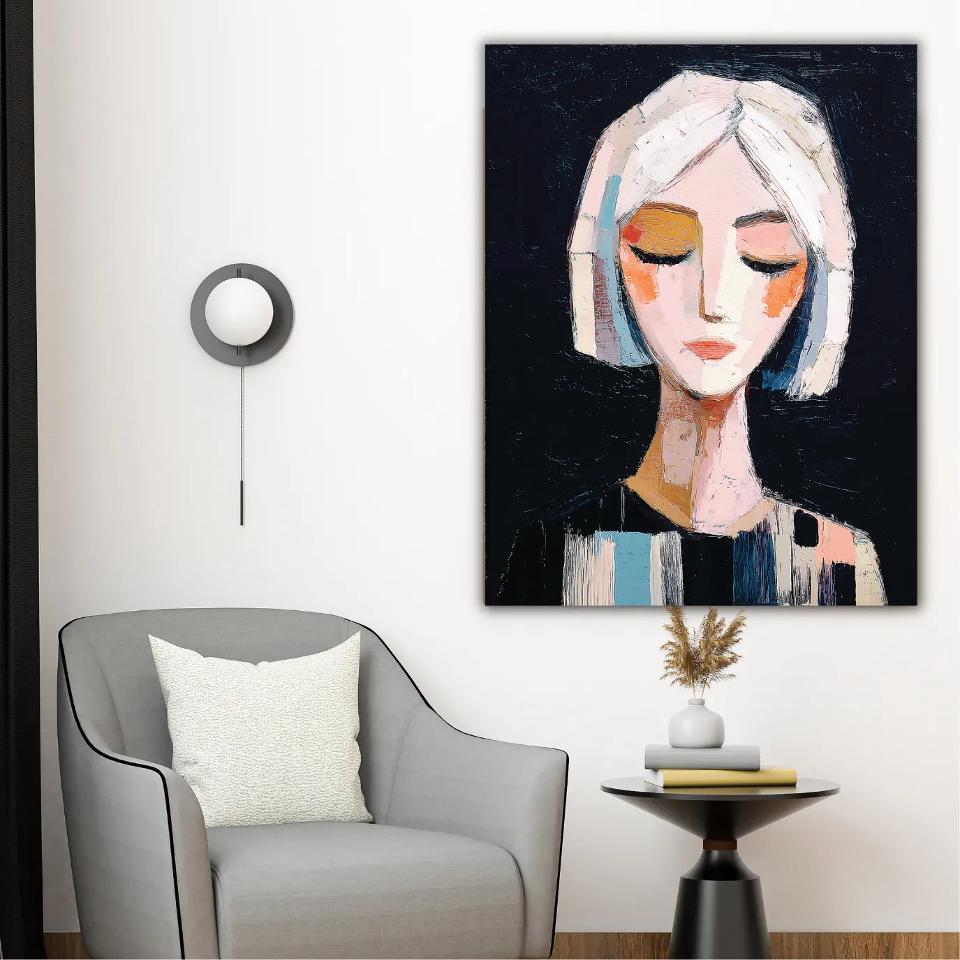 Abstract painting of a woman's face on a wall above a chair.