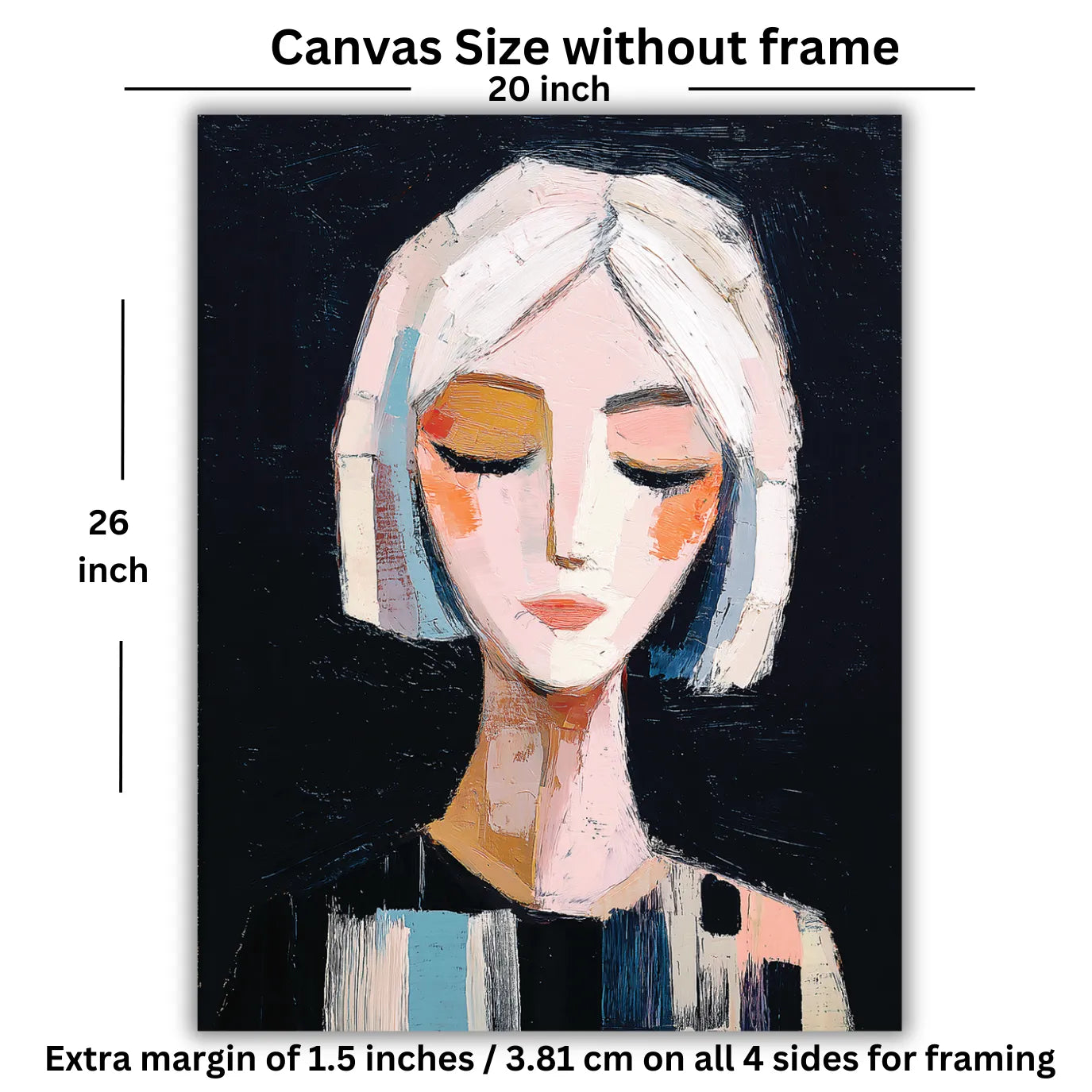Canvas size without frame with dimensions and margin information for a wall painting of a woman