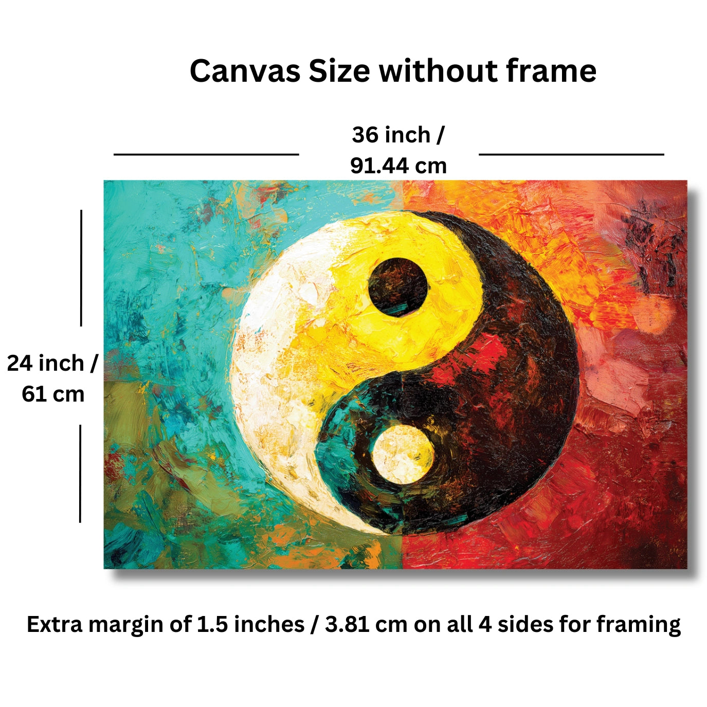 Canvas size without frame with a colorful abstract design featuring a yin yang symbol.
