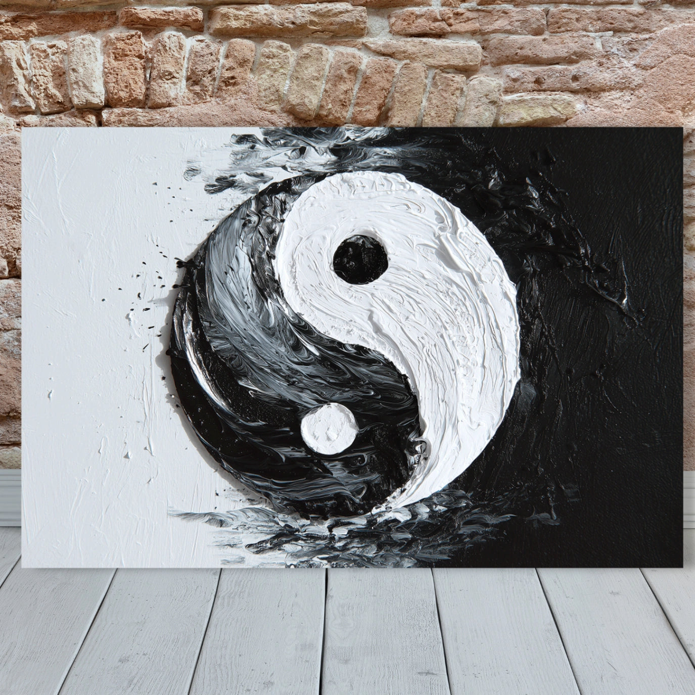 Yin and yang painting on a wooden floor with a brick wall background