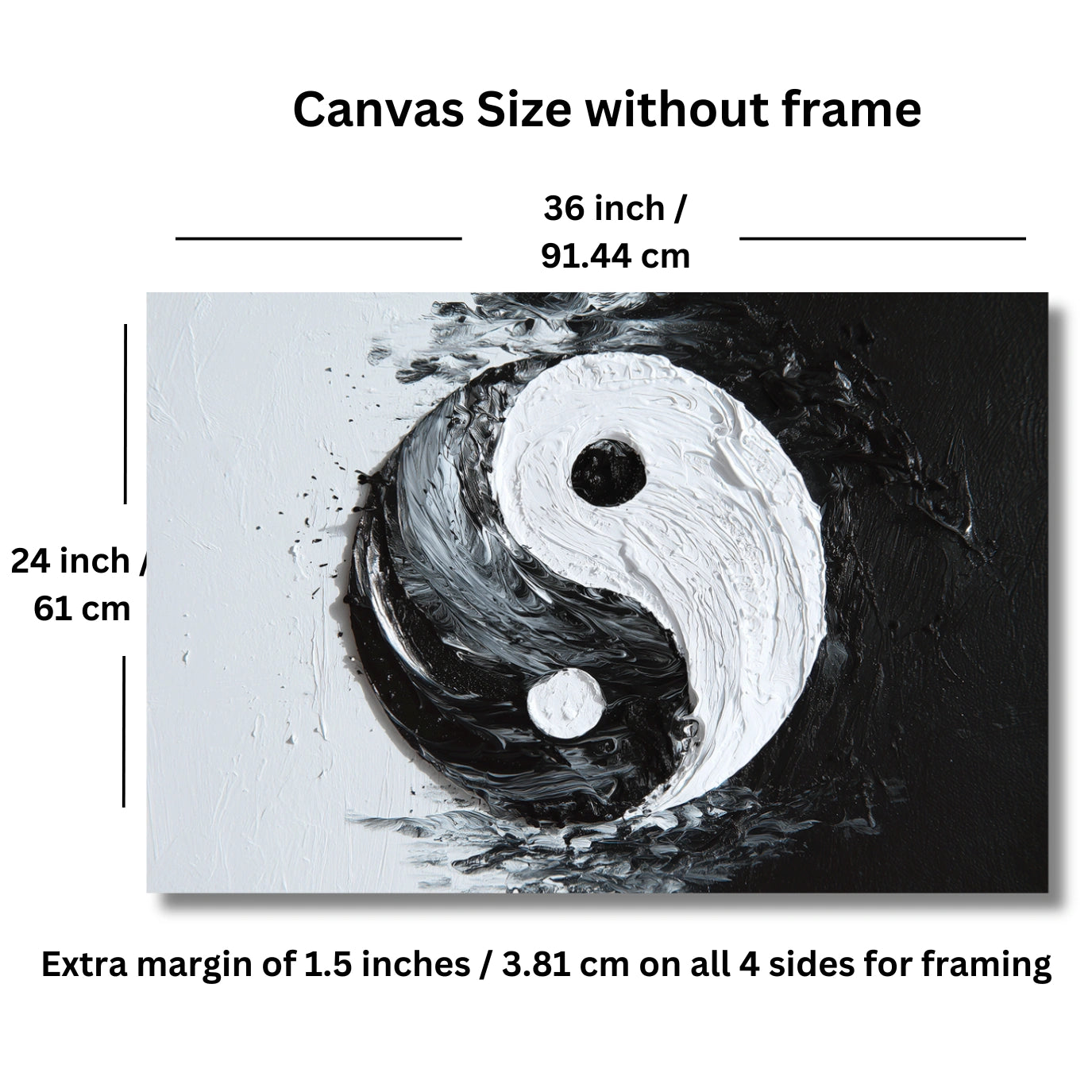 Canvas size without frame with a yin yang painting, measurements shown.