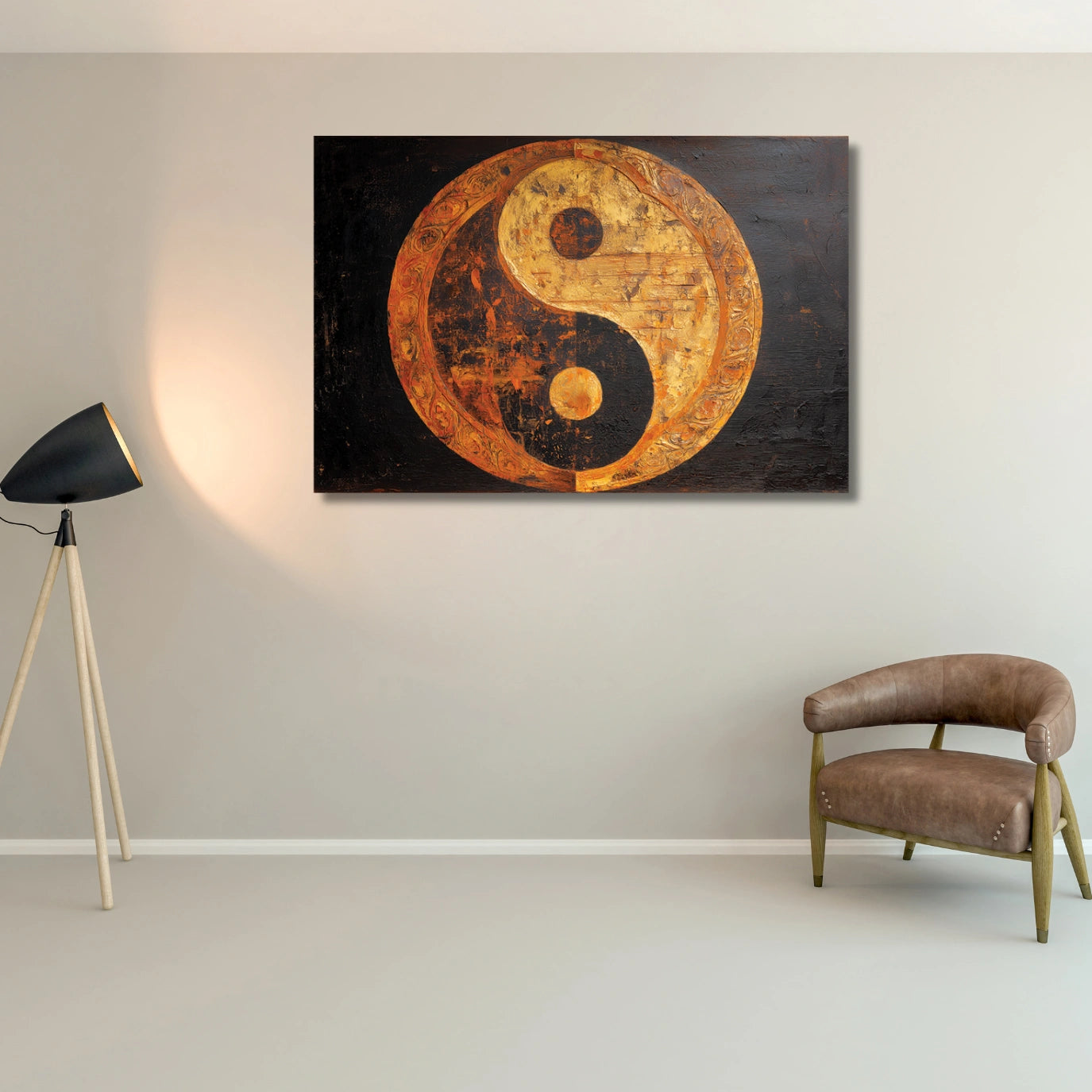 Yin and yang painting on a wall with a chair and lamp in a room.