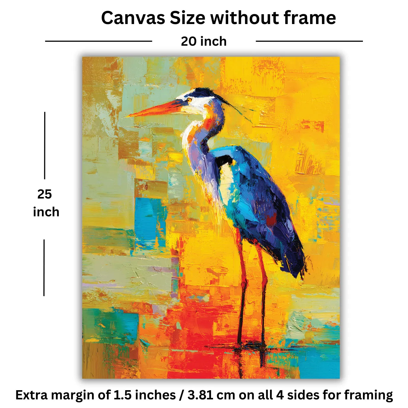 Painting of a heron on a colorful abstract background with dimensions indicated.